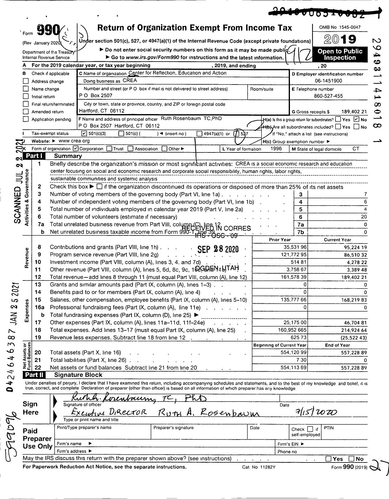 Image of first page of 2019 Form 990 for Center for Reflection Education and Action Incorporated (CREA)