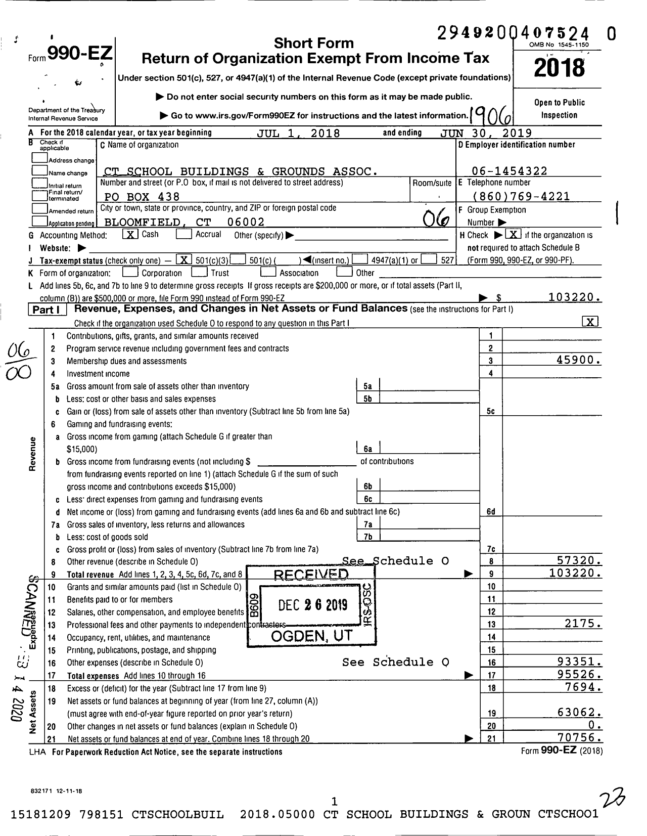 Image of first page of 2018 Form 990EO for Connecticut School Buildings and Grounds Association