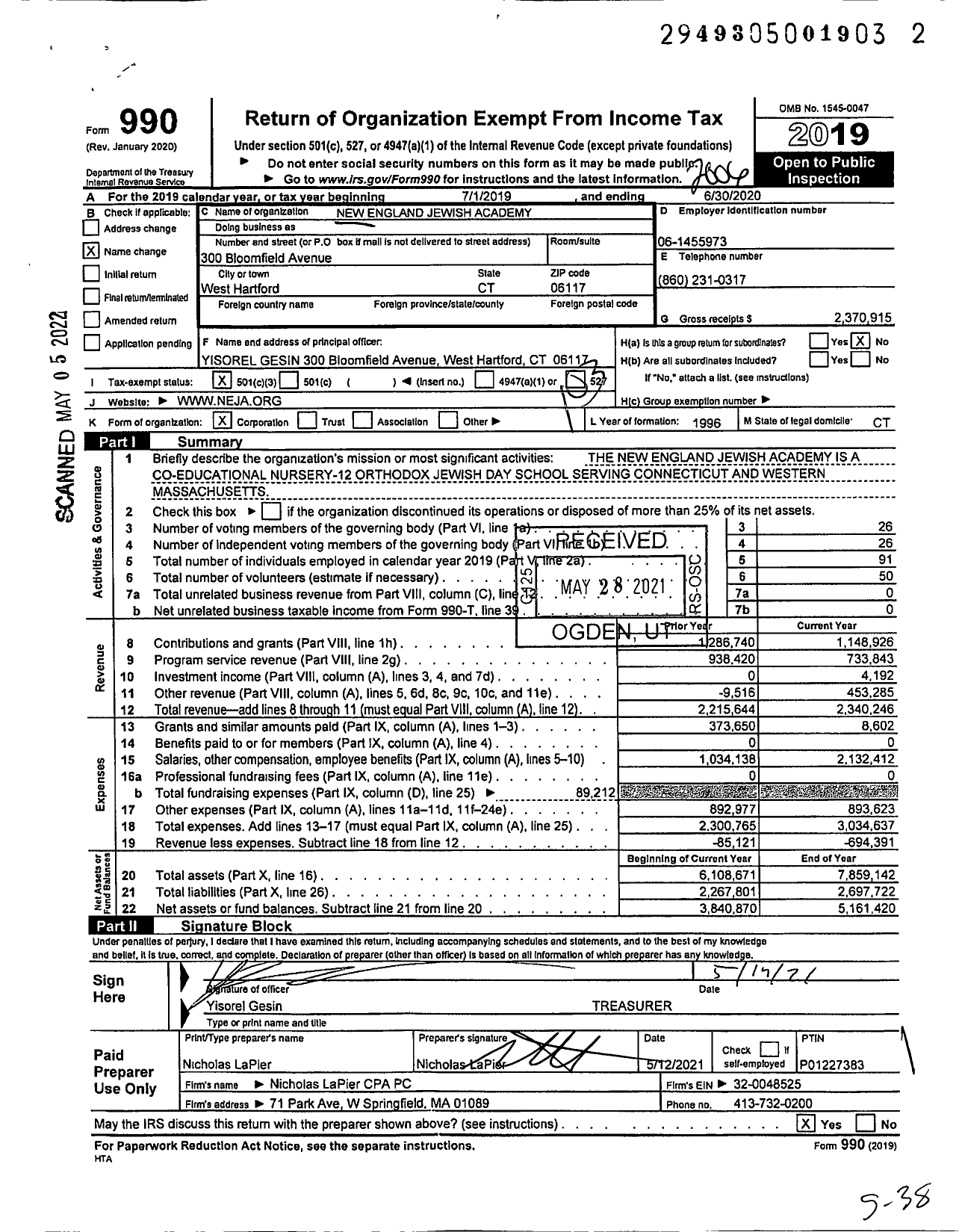 Image of first page of 2019 Form 990 for New England Jewish Academy (HHNE)