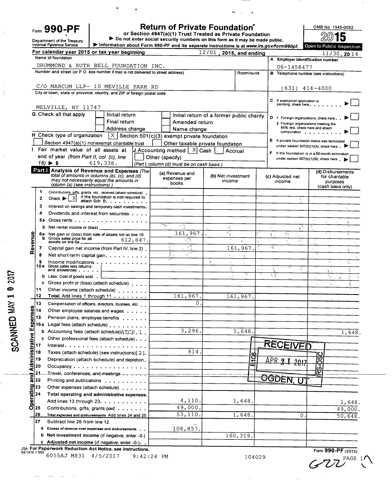 Image of first page of 2015 Form 990PF for Drummond and Ruth Bell Foundation
