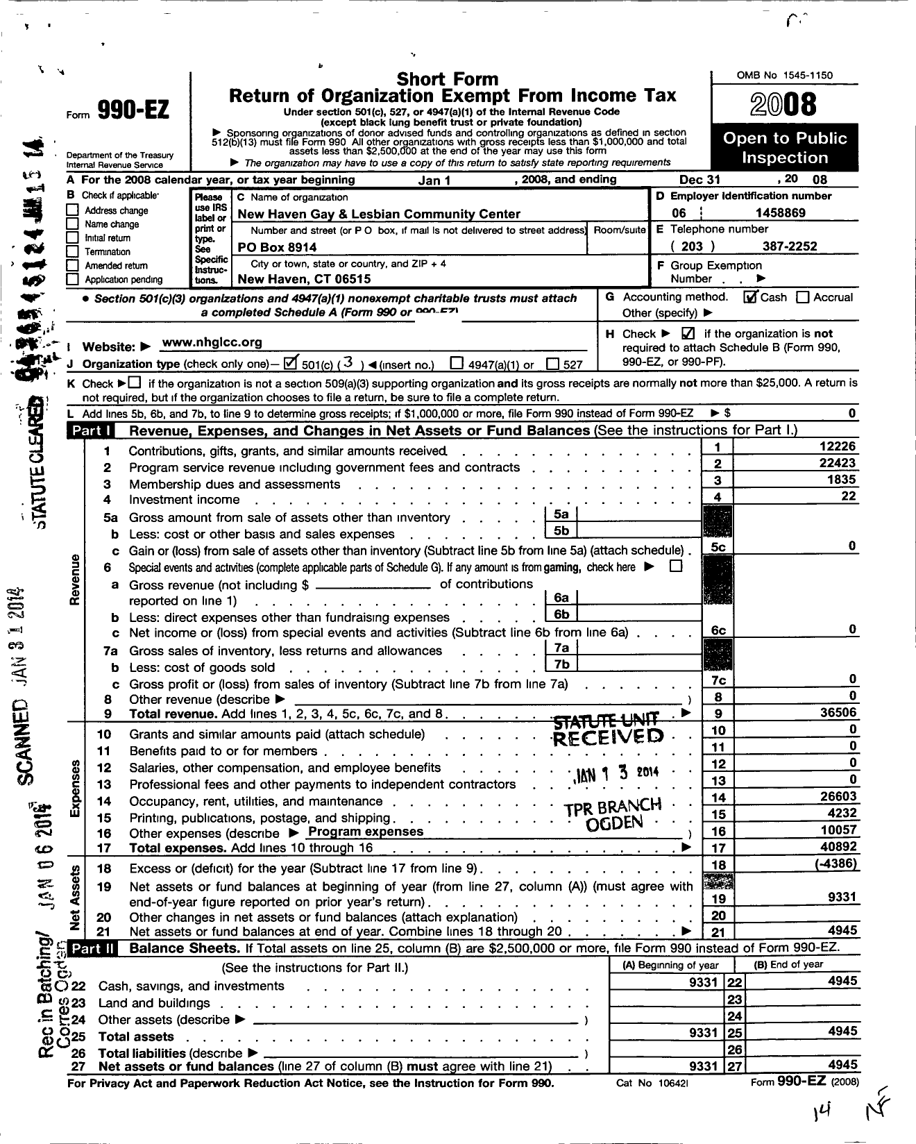 Image of first page of 2008 Form 990EZ for New Haven Gay and Lesbian Community Center