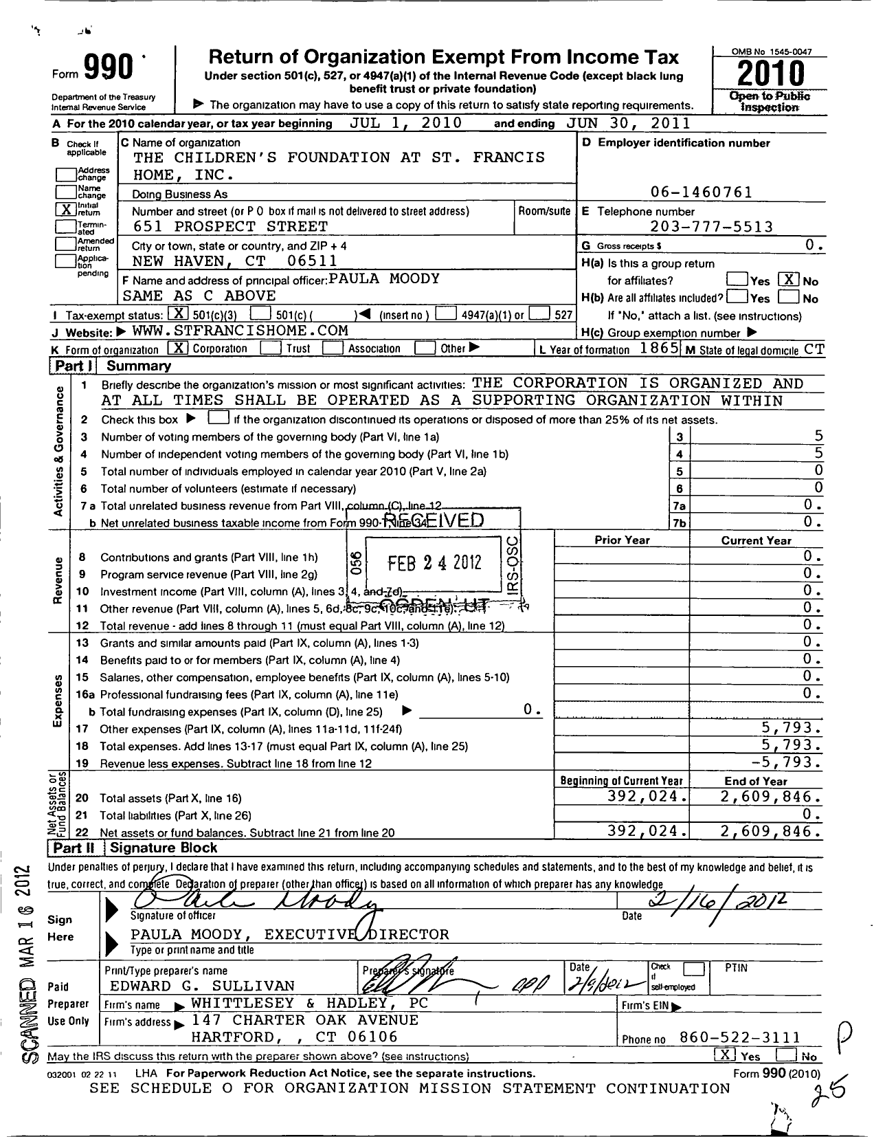 Image of first page of 2010 Form 990 for Childrens Foundation at St Francis Home