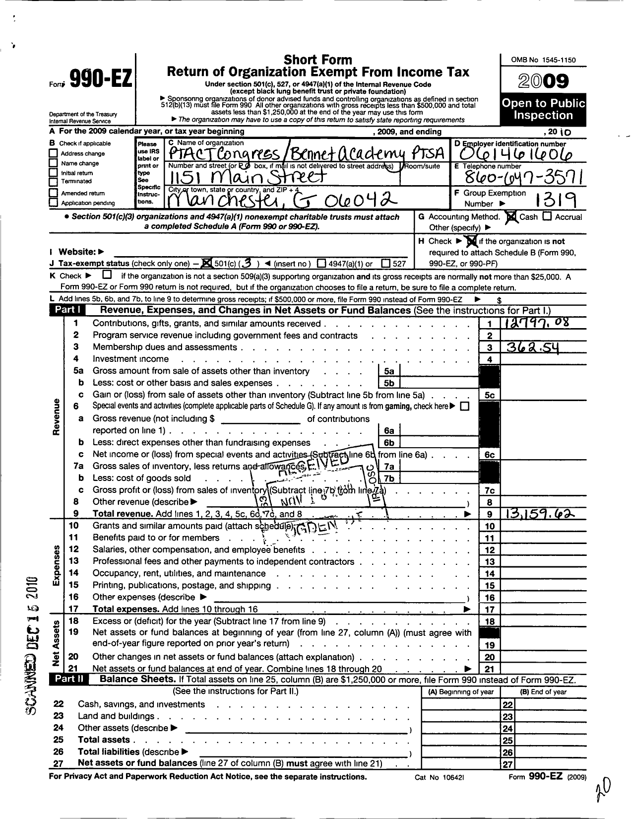 Image of first page of 2009 Form 990EZ for CT PTA - Bennet MS Ptsa