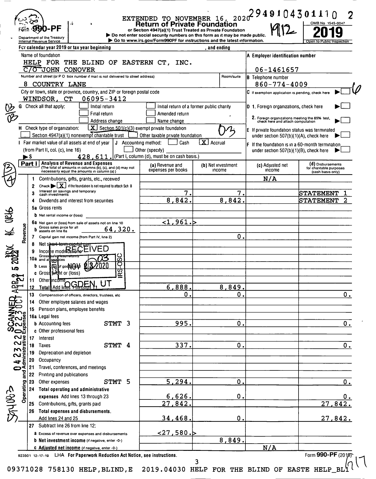 Image of first page of 2019 Form 990PF for Help for the Blind of Eastern CT