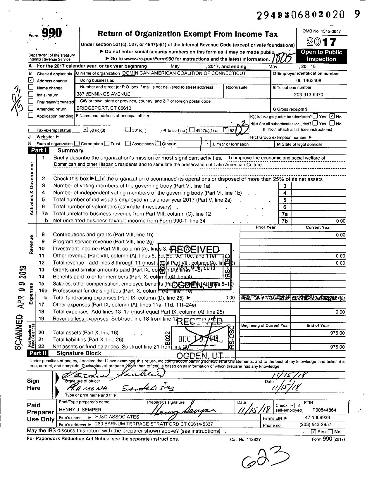 Image of first page of 2017 Form 990 for The Dominican American Coalition