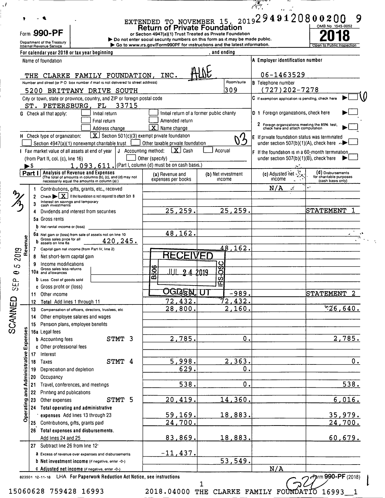 Image of first page of 2018 Form 990PF for The Clarke Family Foundation