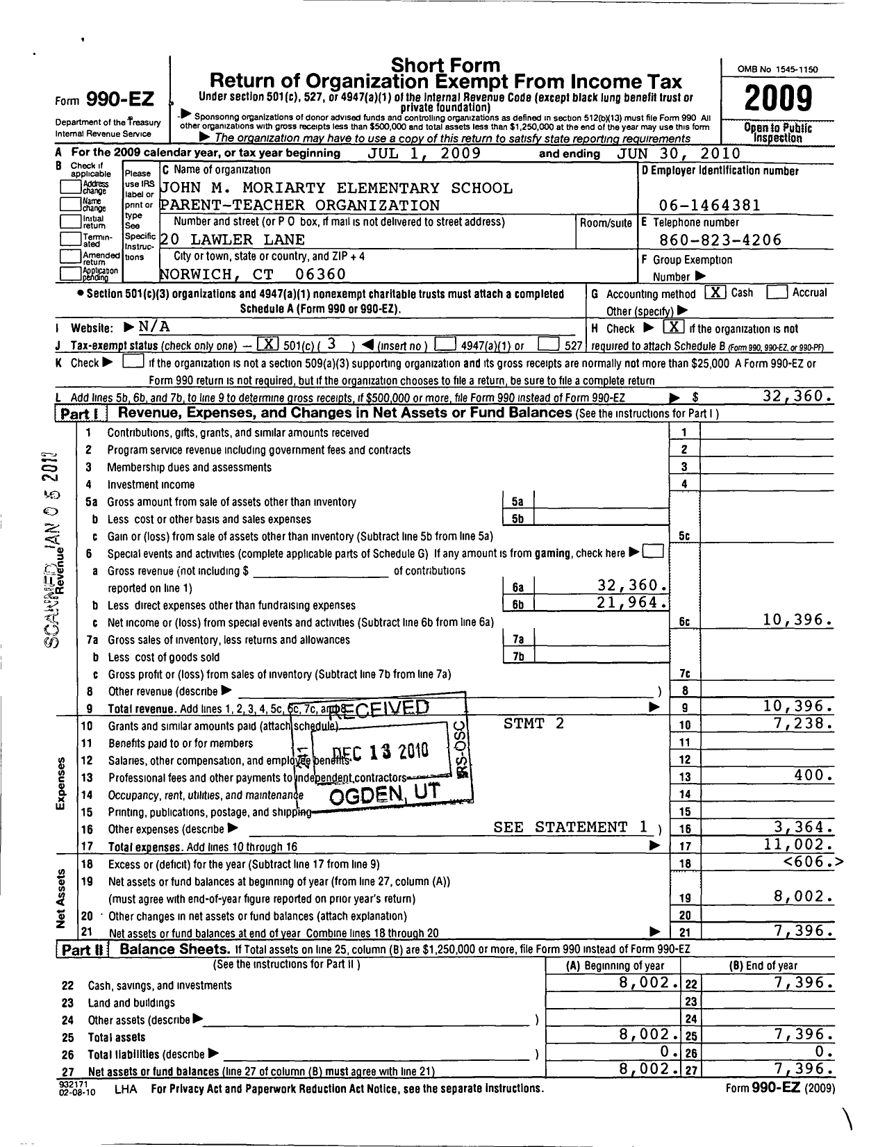 Image of first page of 2009 Form 990EZ for Pto John M Moriarty Elementary School