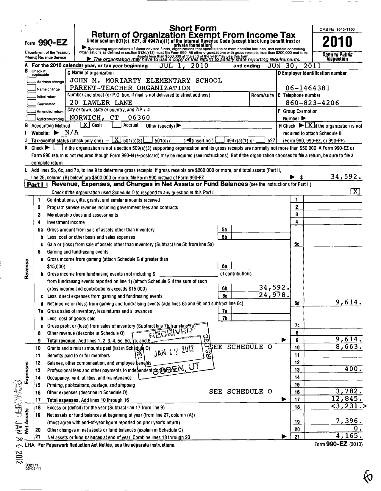 Image of first page of 2010 Form 990EZ for Pto John M Moriarty Elementary School