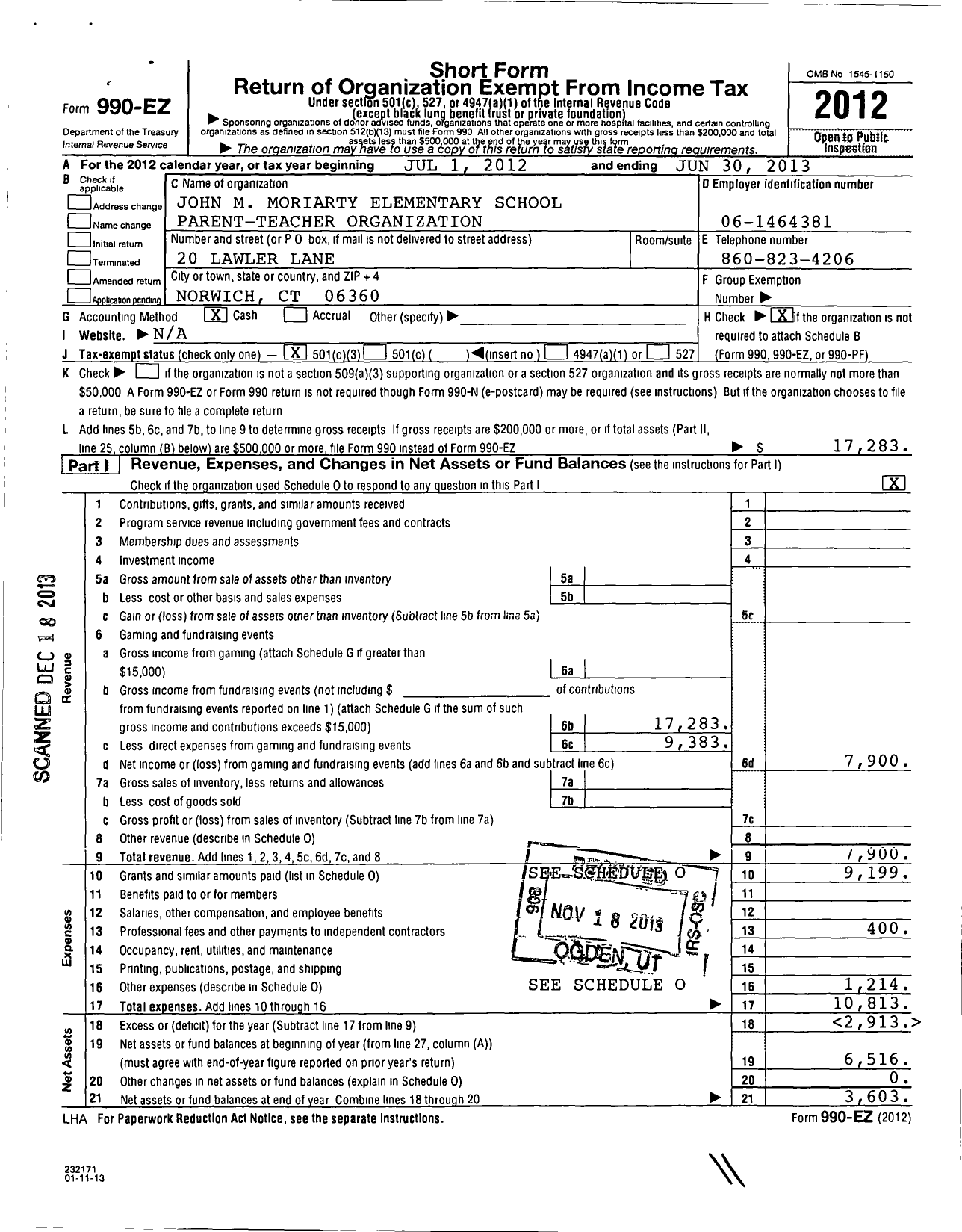 Image of first page of 2012 Form 990EZ for Pto John M Moriarty Elementary School