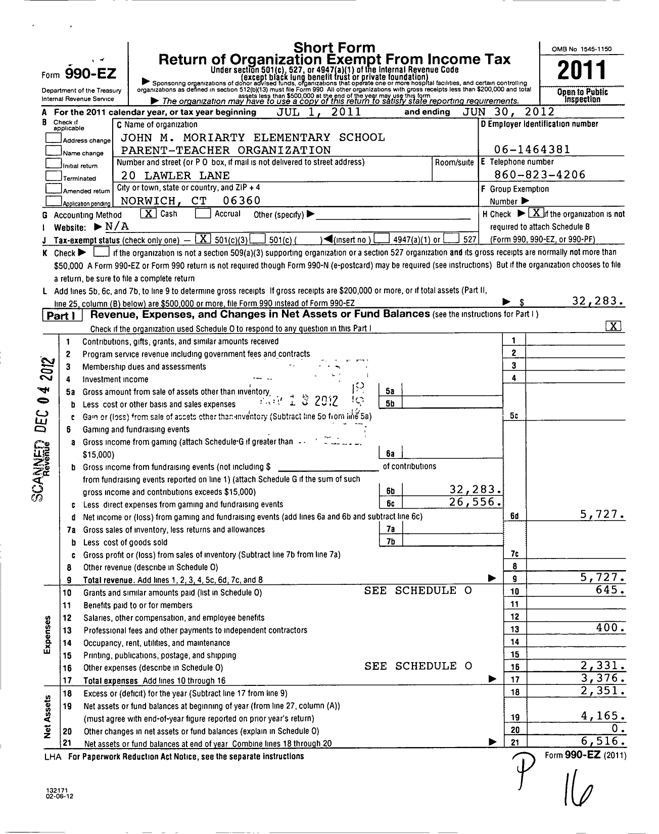 Image of first page of 2011 Form 990EZ for Pto John M Moriarty Elementary School