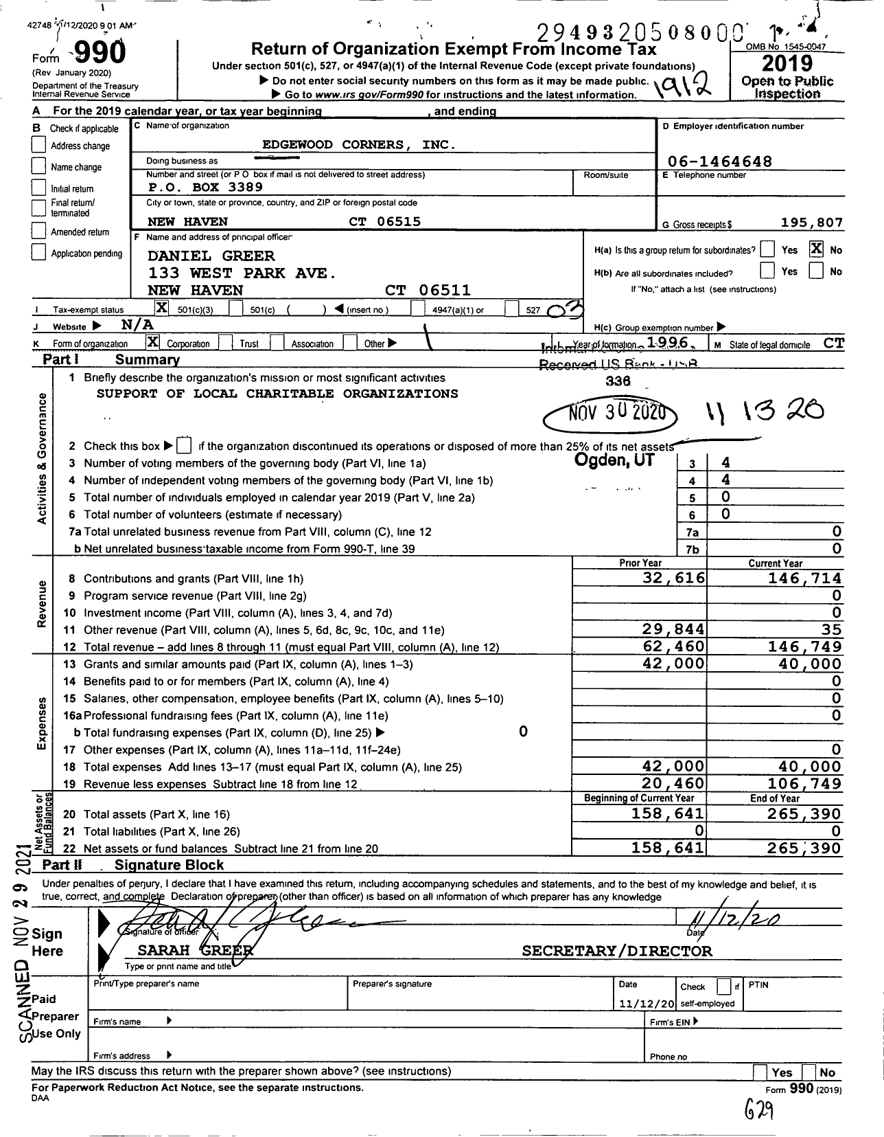 Image of first page of 2019 Form 990 for Edgewood Corners