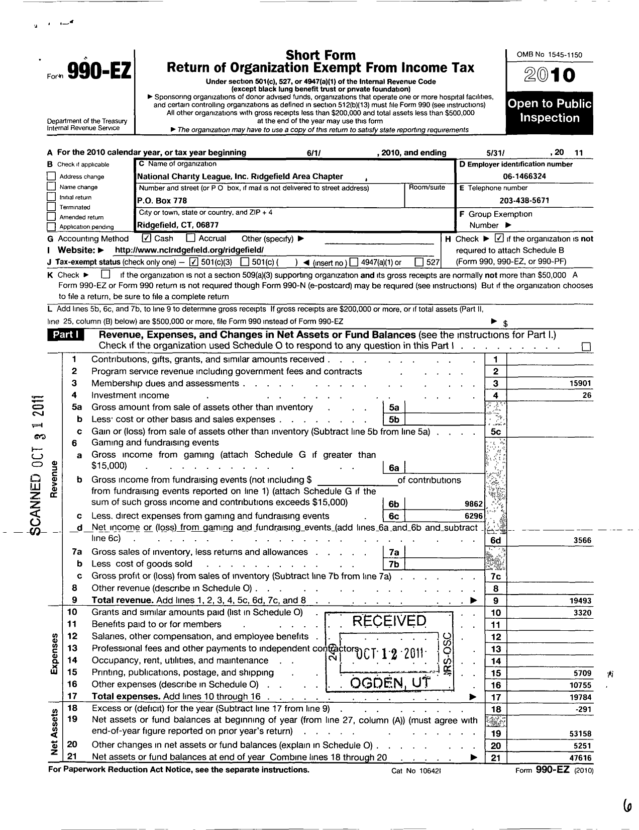 Image of first page of 2010 Form 990EZ for National Charity League / Ridgefield Area Chapter