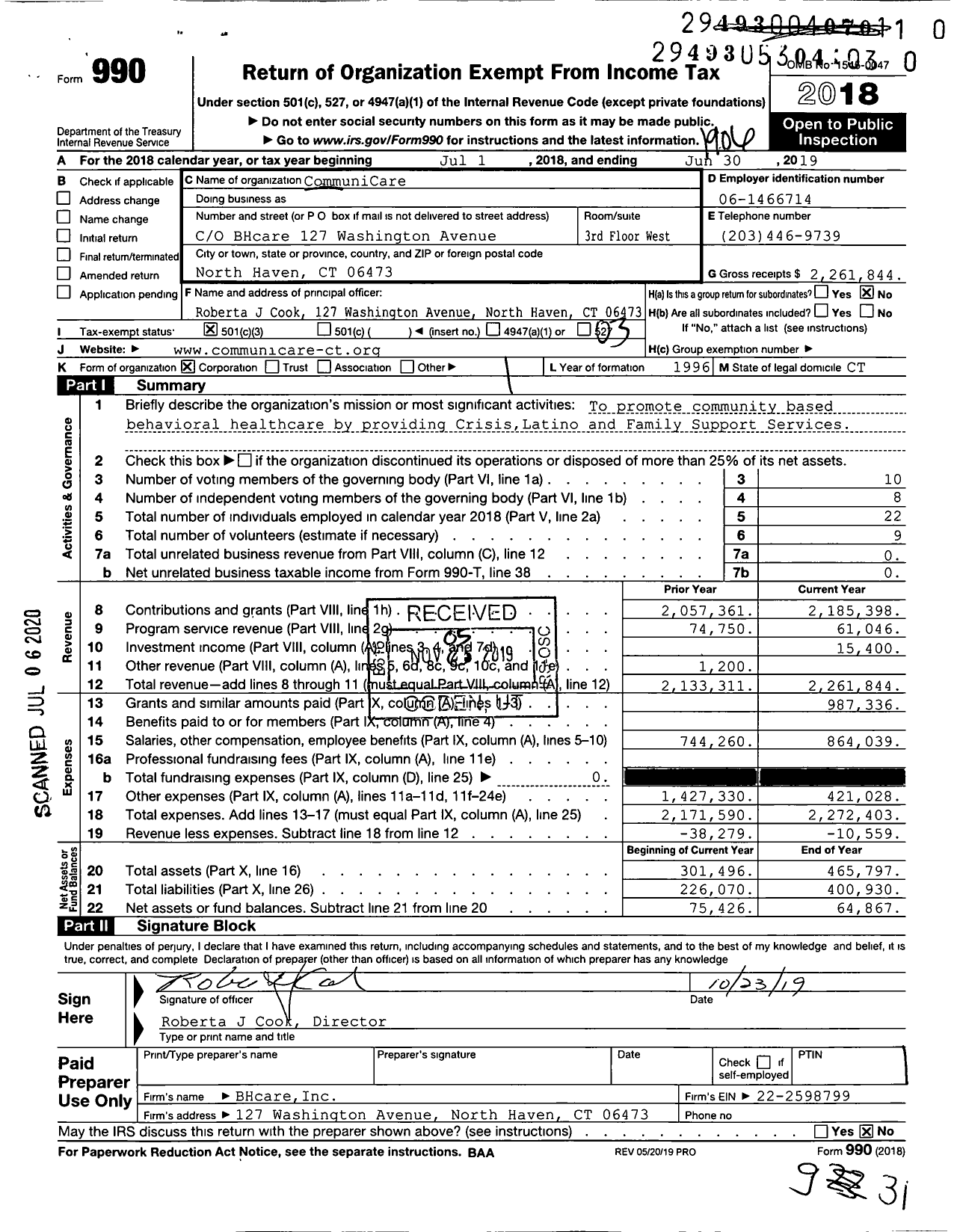 Image of first page of 2018 Form 990 for CommuniCare