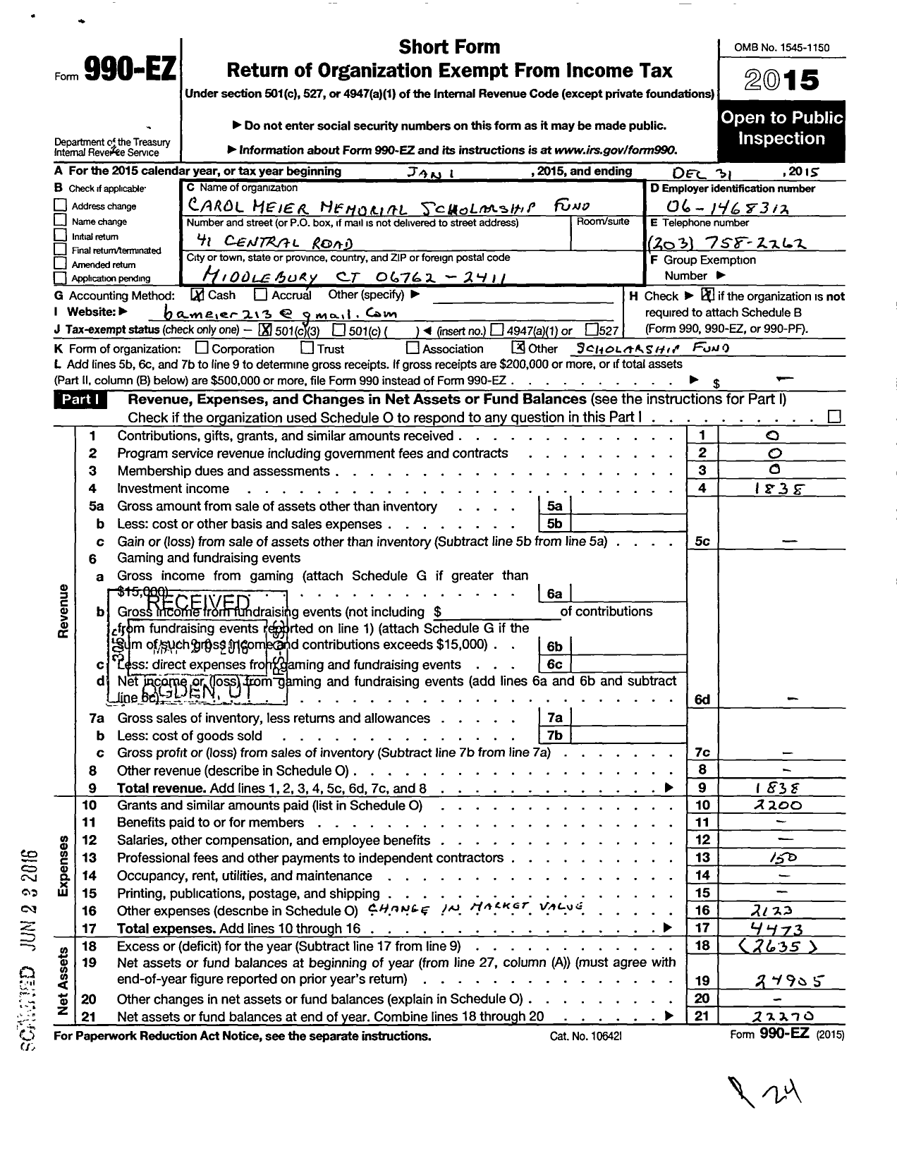 Image of first page of 2015 Form 990EZ for Carol Meier Memorial Scholarship Fund