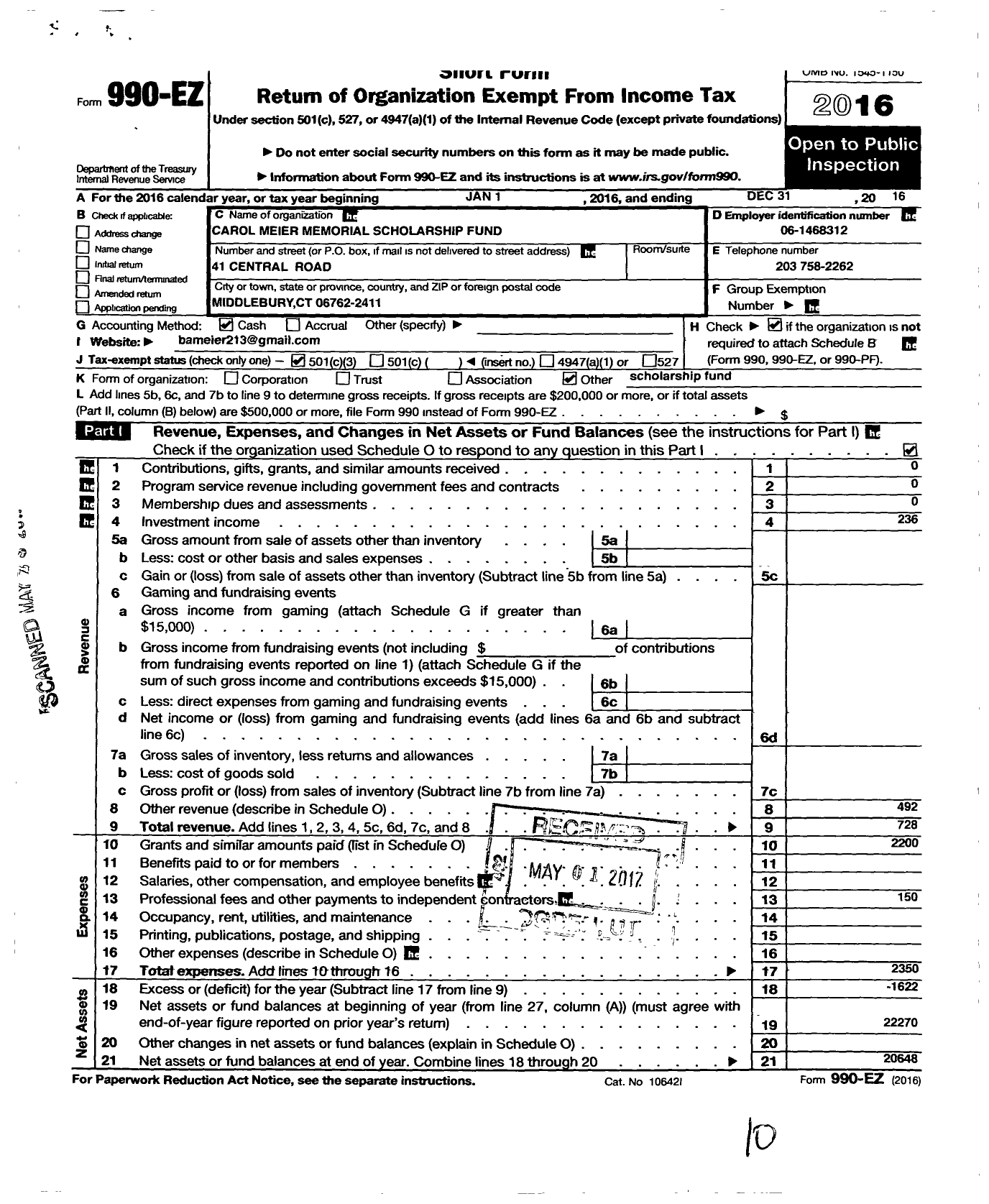 Image of first page of 2016 Form 990EZ for Carol Meier Memorial Scholarship Fund