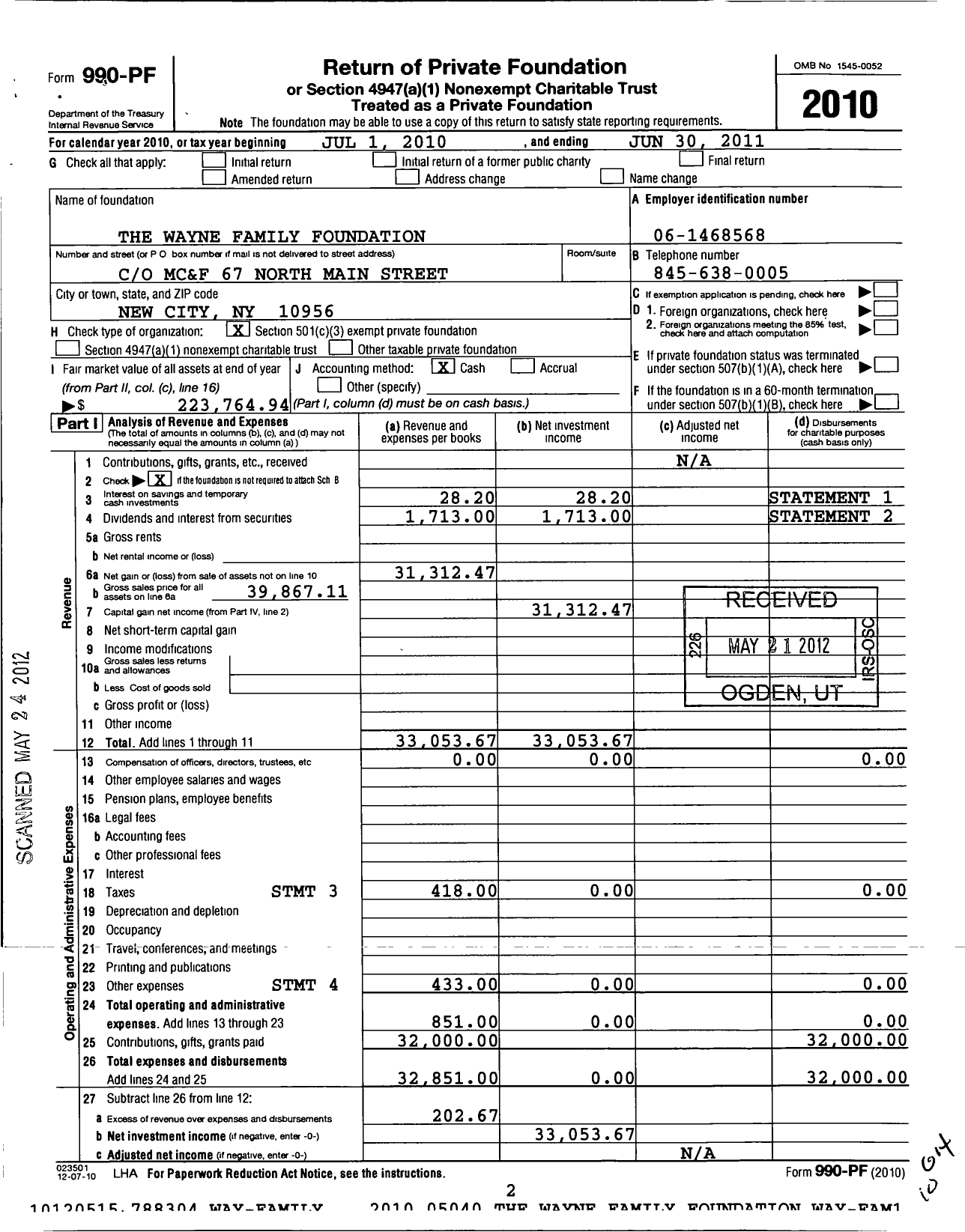 Image of first page of 2010 Form 990PF for The Wayne Family Foundation