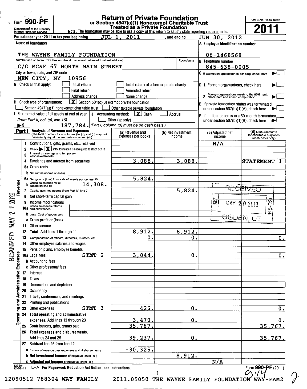 Image of first page of 2011 Form 990PF for The Wayne Family Foundation