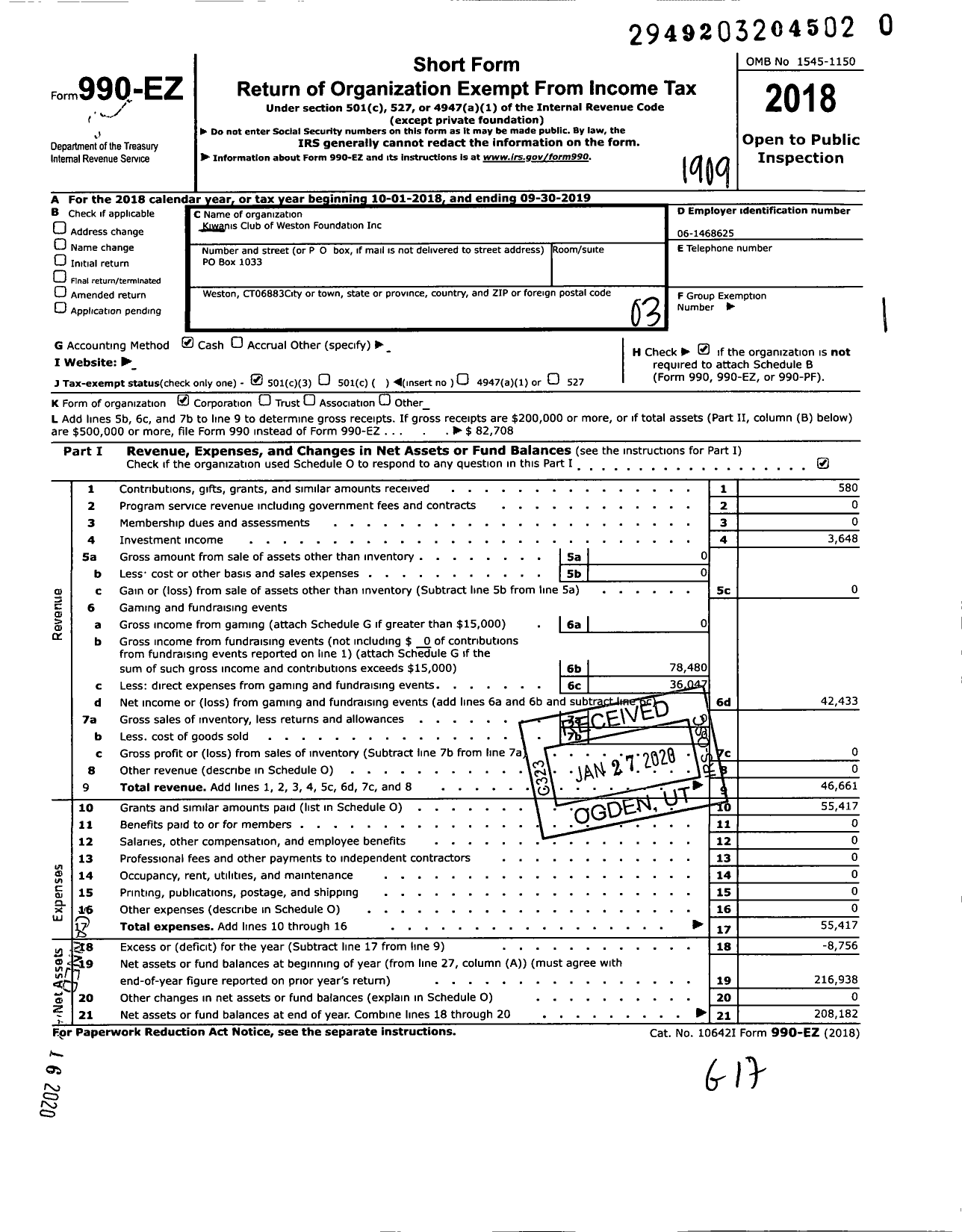 Image of first page of 2018 Form 990EZ for Kiwanis Club of Weston Foundation