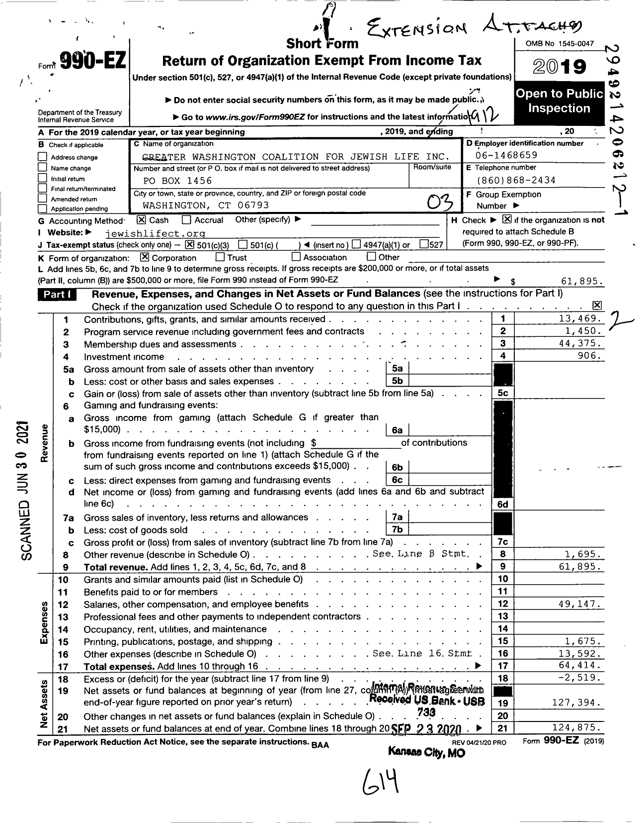 Image of first page of 2019 Form 990EZ for Greater Washington Coalition for Jewish Life