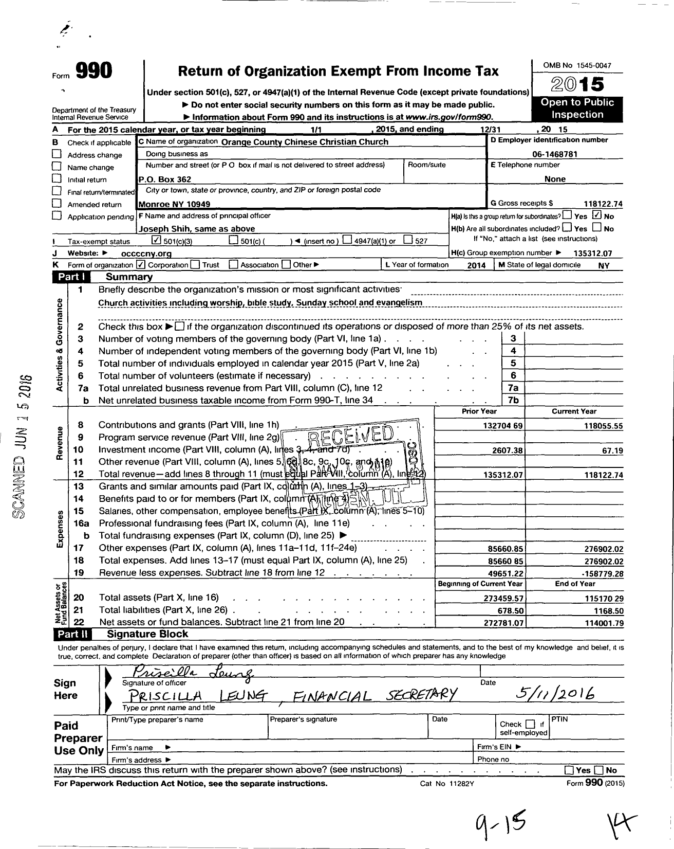 Image of first page of 2015 Form 990 for Orange County Chinese Christian Church