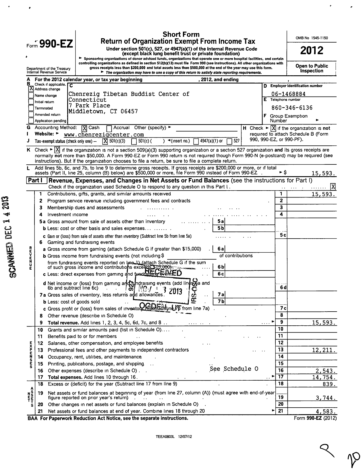 Image of first page of 2012 Form 990EZ for Chenrezig Tibetan Buddhist Center of