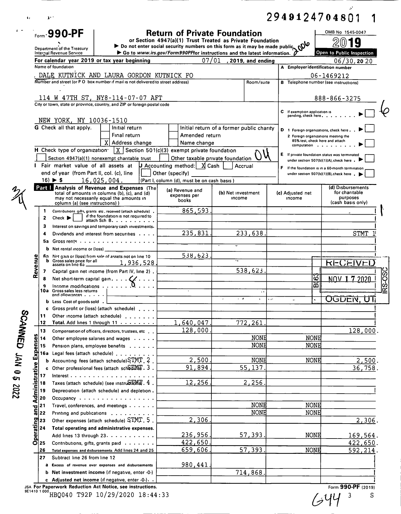 Image of first page of 2019 Form 990PF for Dale Kutnick and Laura Gordon Kutnick Foundation