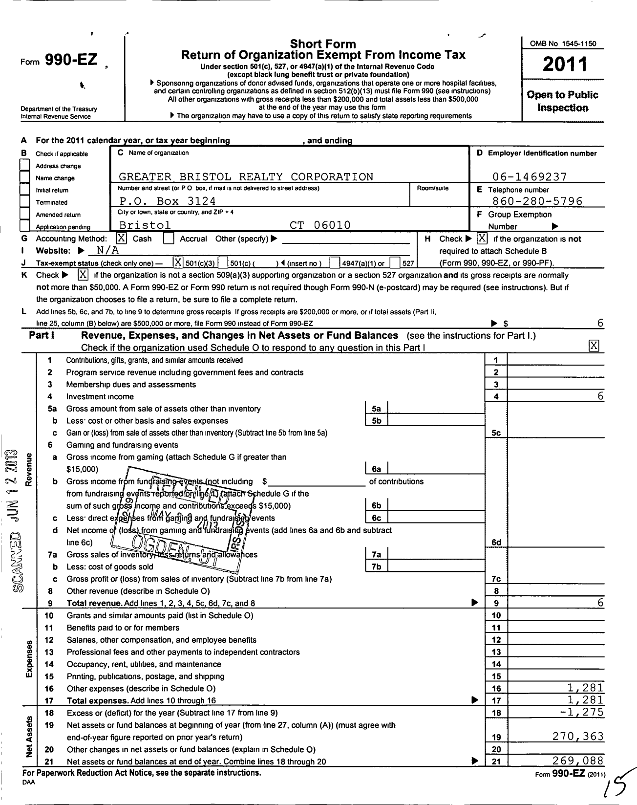 Image of first page of 2011 Form 990EZ for Greater Bristol Homes Corporation