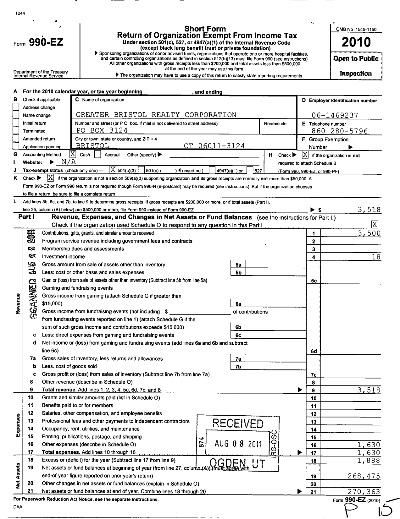 Image of first page of 2010 Form 990EZ for Greater Bristol Homes Corporation