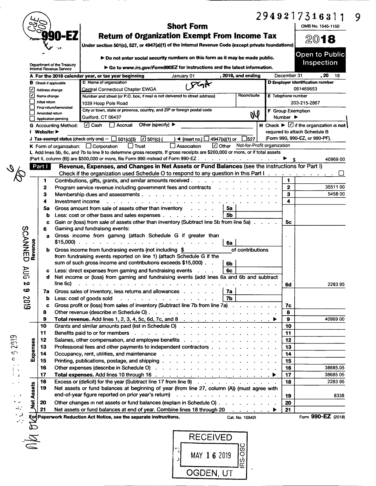 Image of first page of 2018 Form 990EO for Excutive Womens Golf Association / Amateur Golf Association Central CT