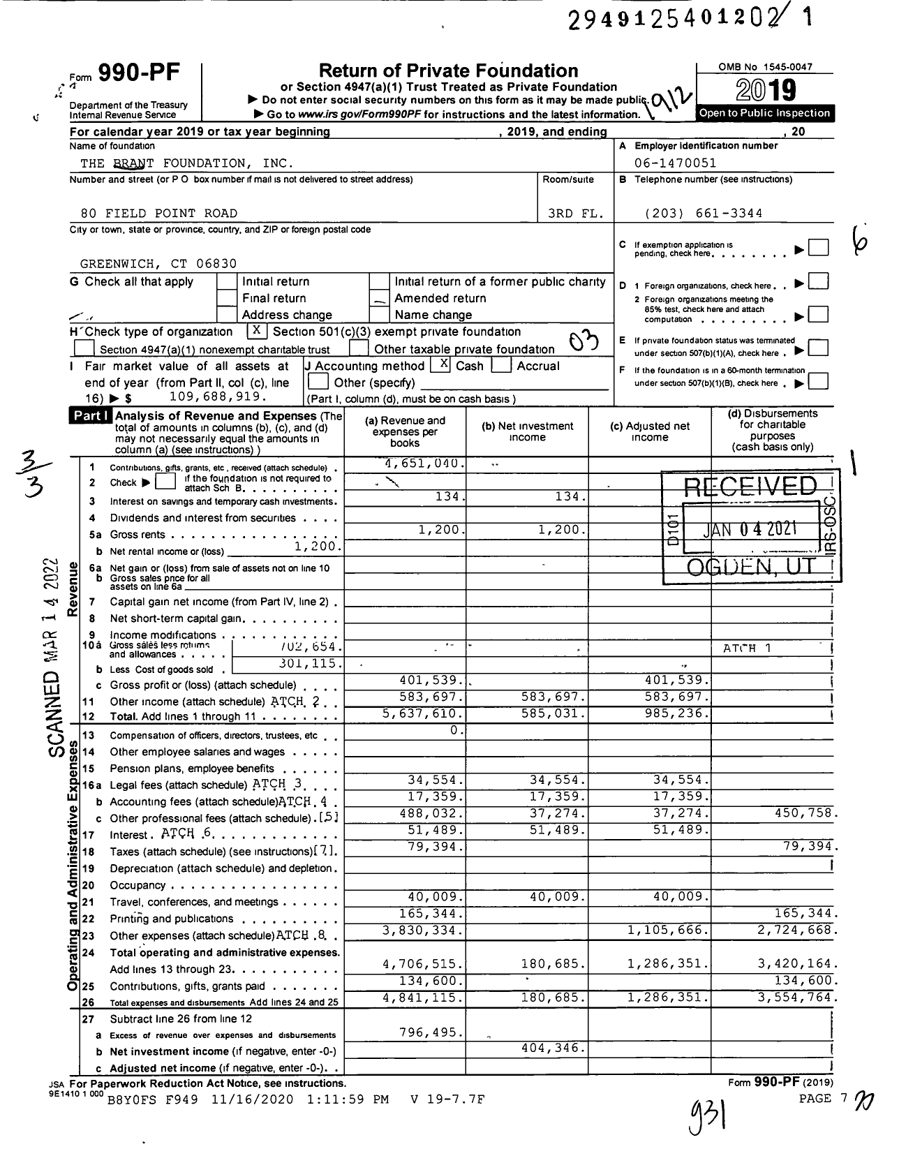 Image of first page of 2019 Form 990PF for The Brant Foundation