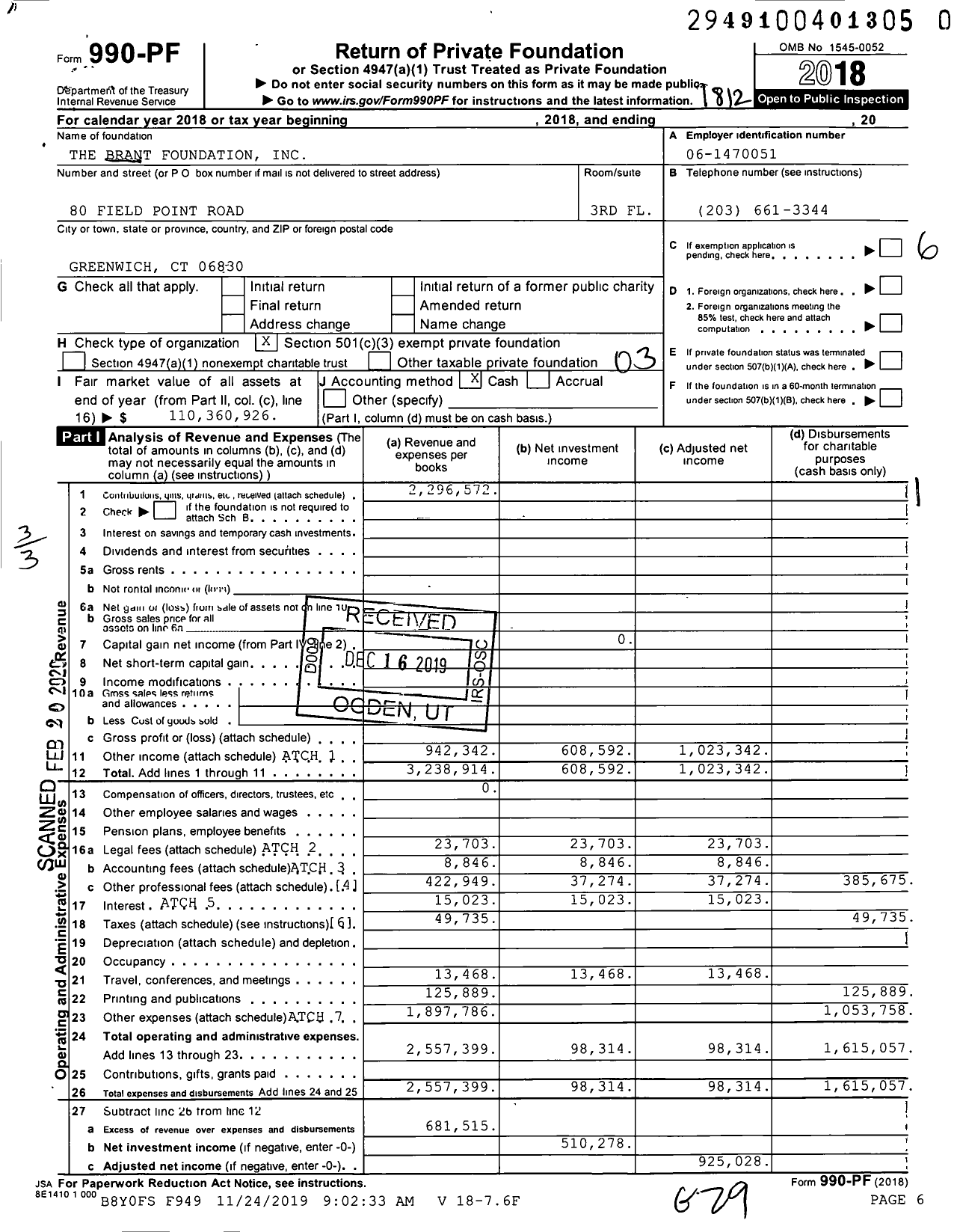 Image of first page of 2018 Form 990PF for The Brant Foundation