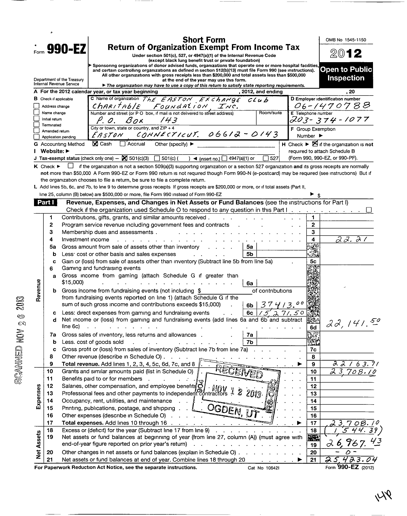 Image of first page of 2012 Form 990EZ for Easton Exchange Club Charitable Foundation