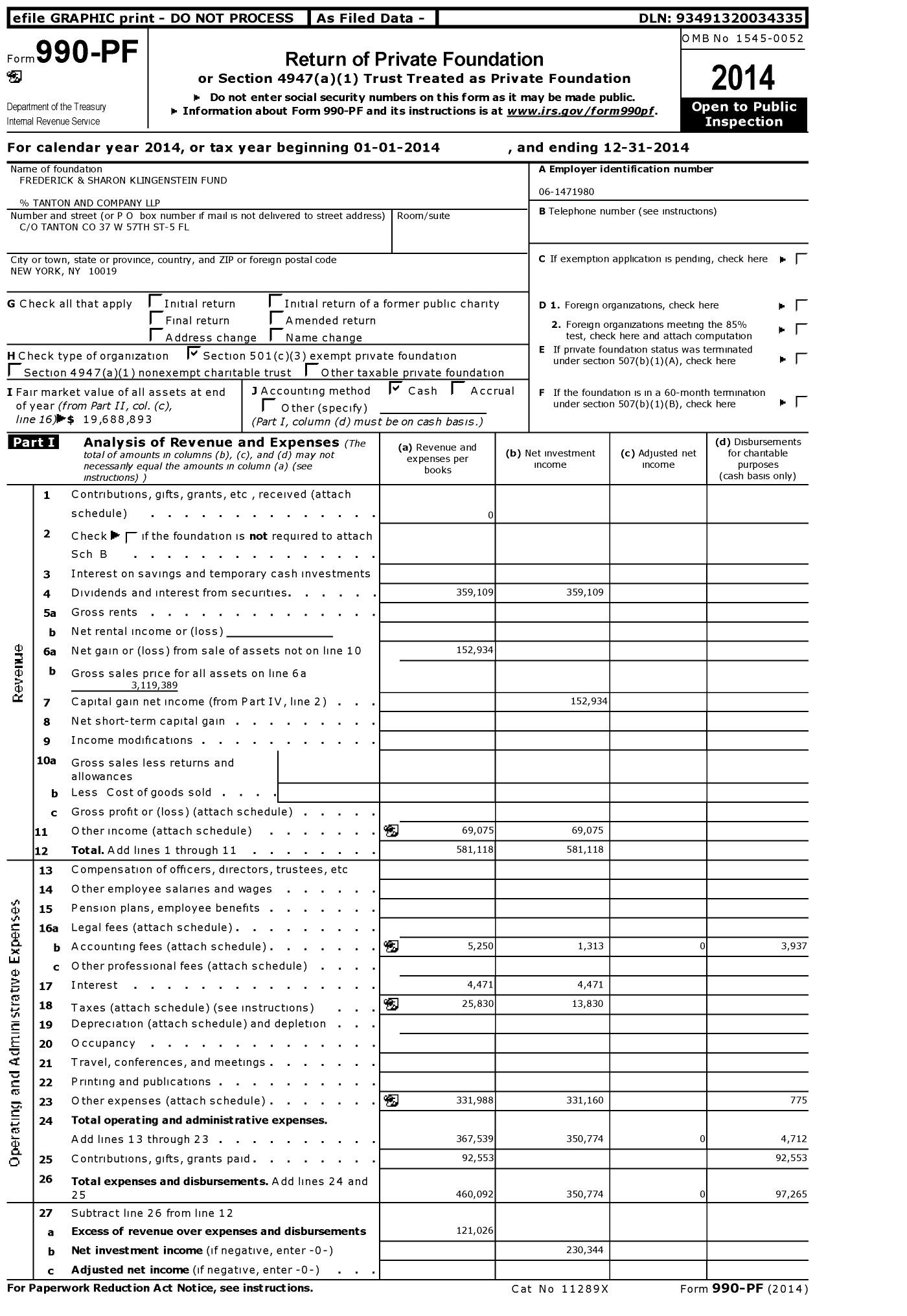 Image of first page of 2014 Form 990PF for Frederick and Sharon Klingenstein Fund