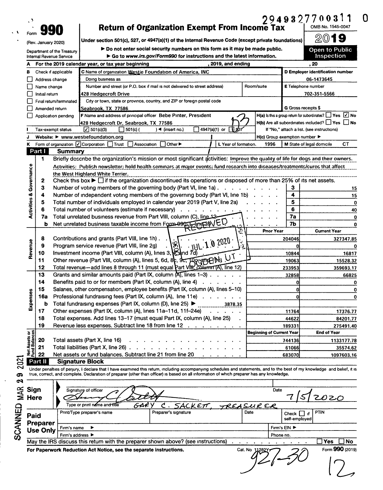 Image of first page of 2019 Form 990 for Westie Foundation of America