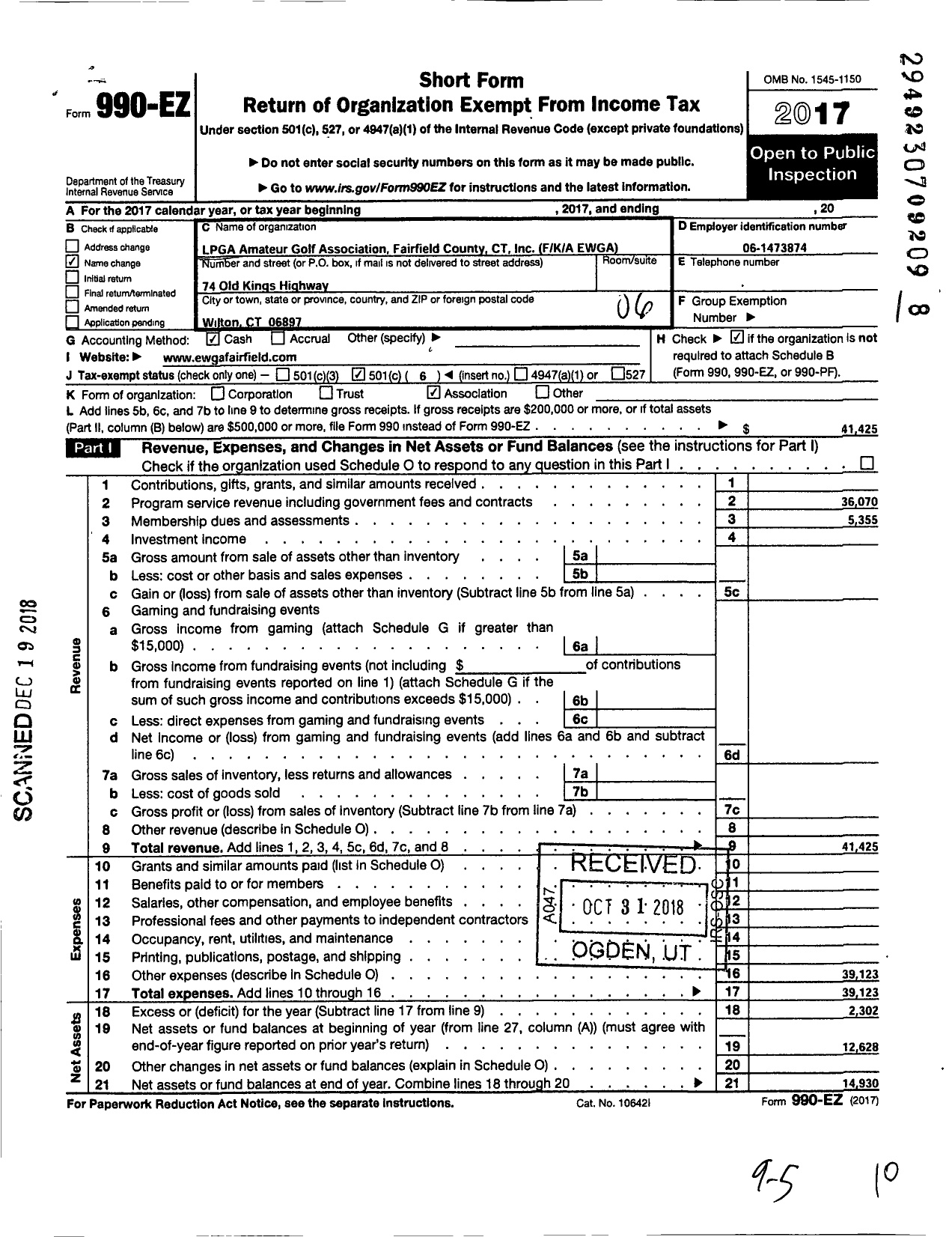 Image of first page of 2017 Form 990EO for Executive Womens Golf Association / Fairfield County Chapter Inc