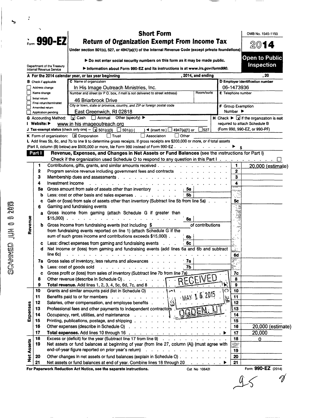 Image of first page of 2014 Form 990EZ for In His Image Outreach Ministries