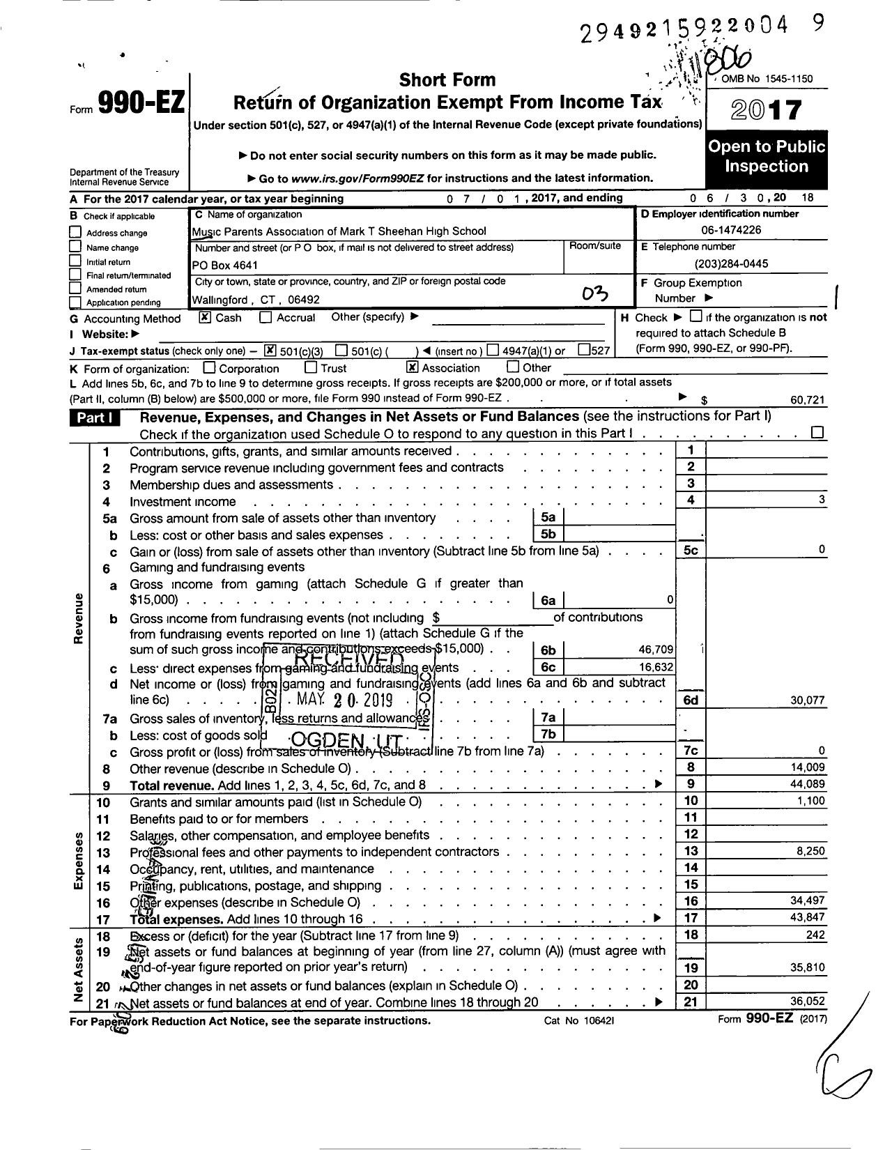 Image of first page of 2017 Form 990EZ for Music Parents Association of Mark T Sheehan High School