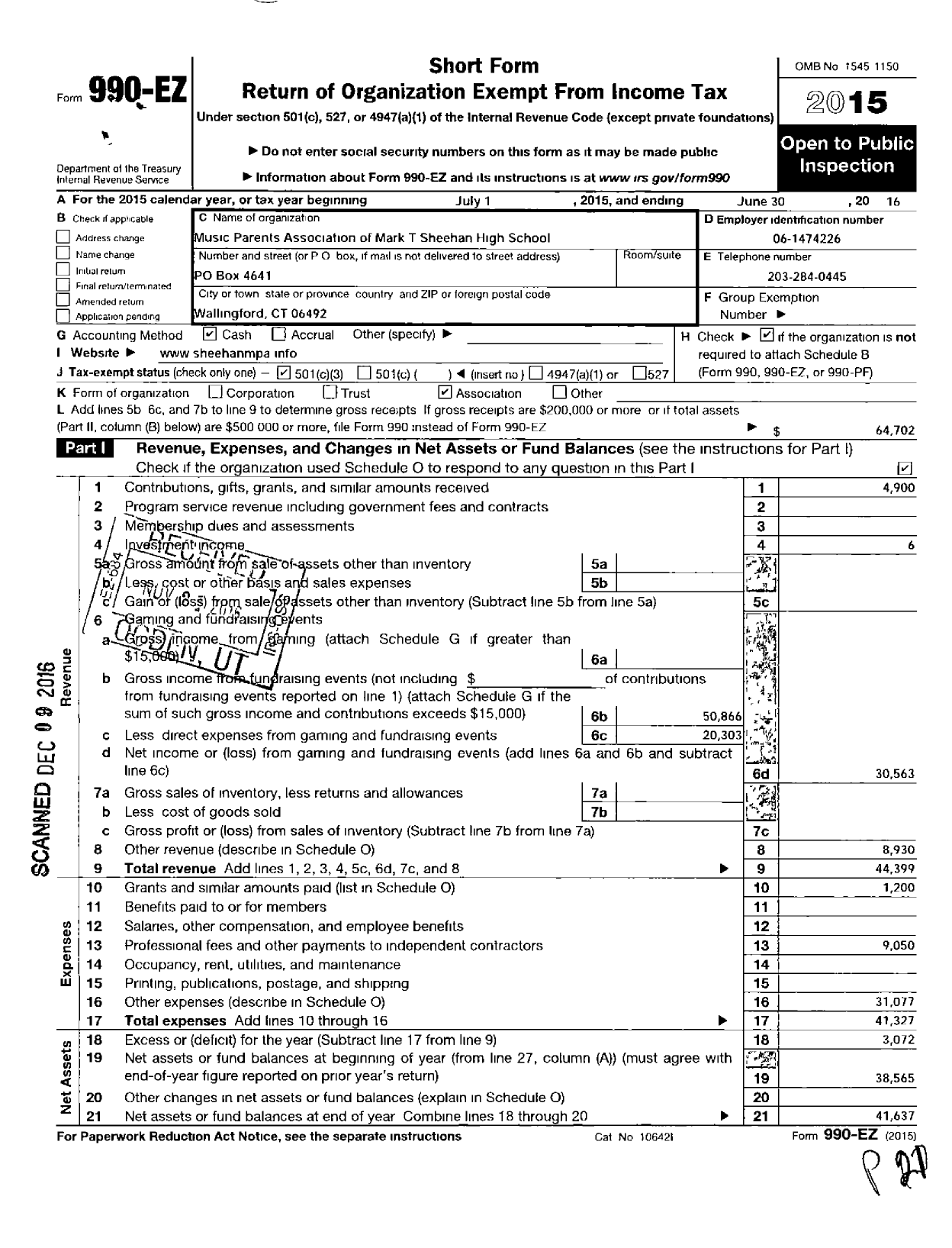 Image of first page of 2015 Form 990EZ for Music Parents Association of Mark T Sheehan High School