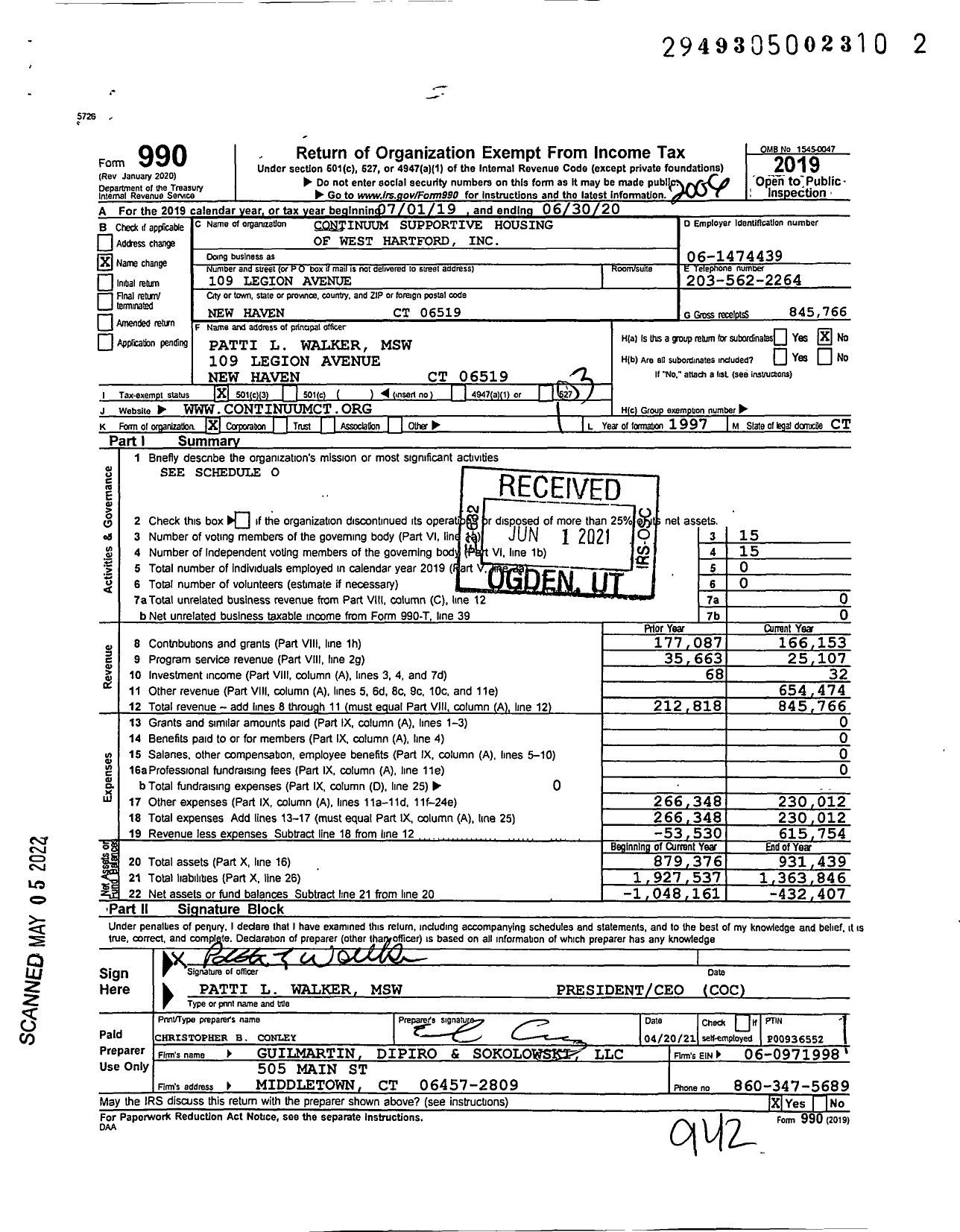 Image of first page of 2019 Form 990 for Continuum Supportive Housing of West Hartford