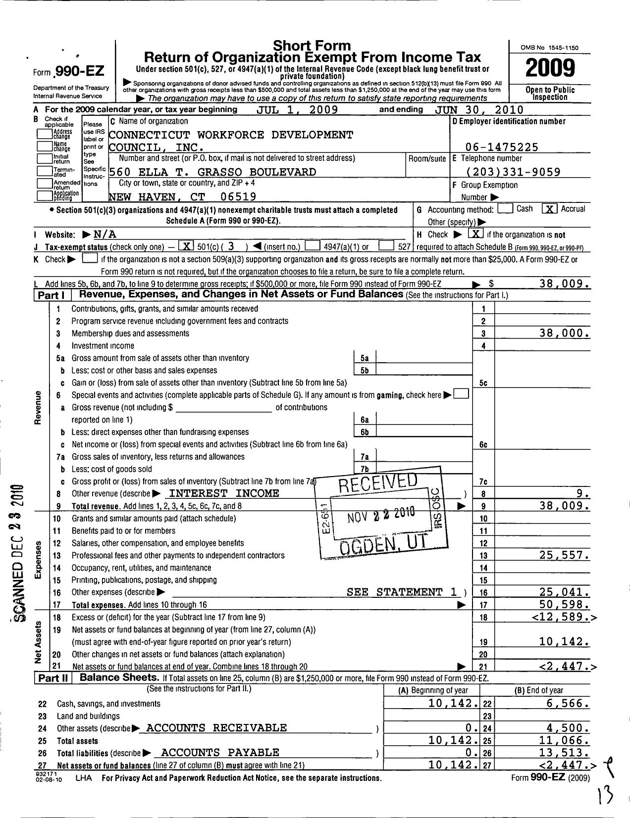 Image of first page of 2009 Form 990EZ for Connecticut Workforce Development Council