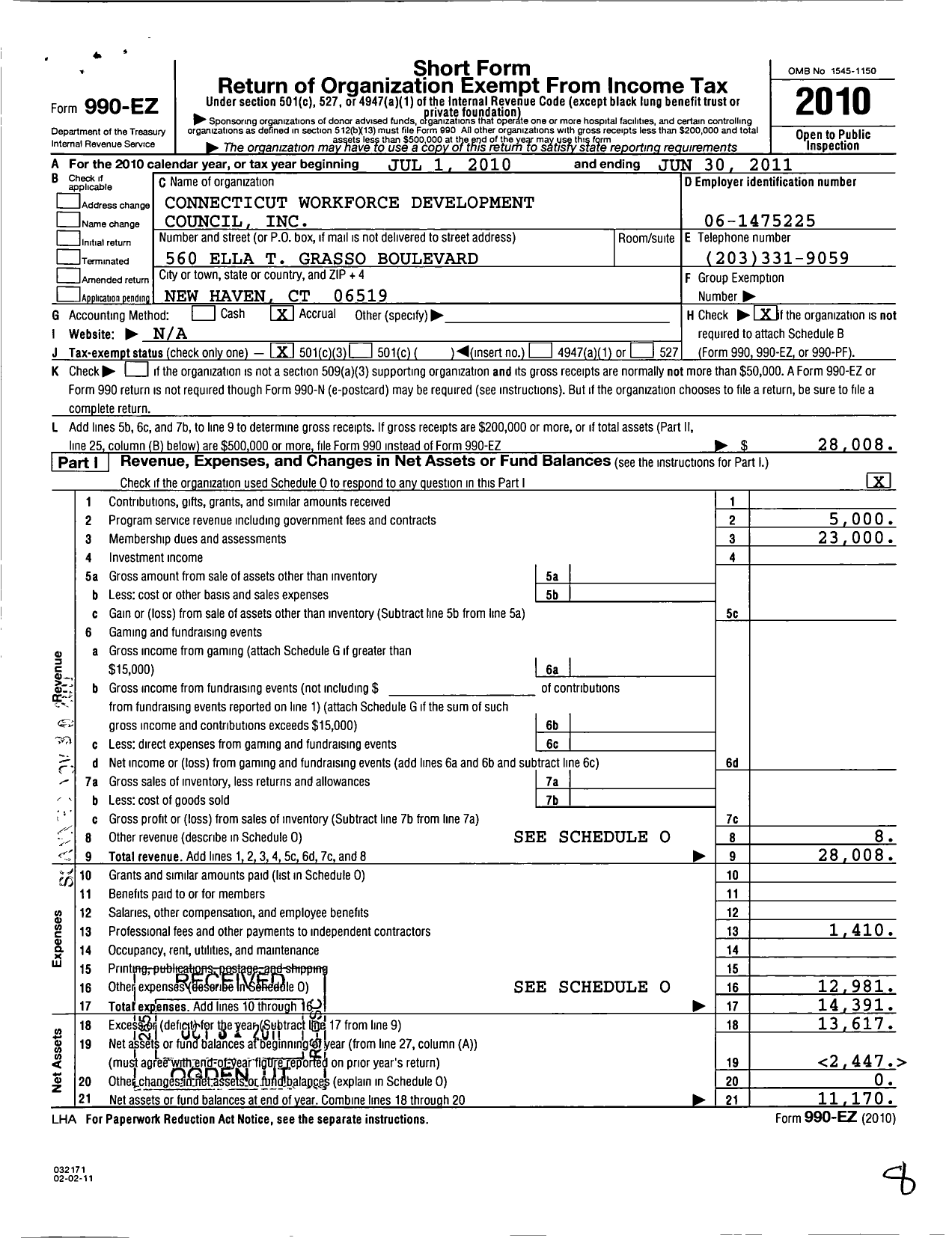 Image of first page of 2010 Form 990EZ for Connecticut Workforce Development Council