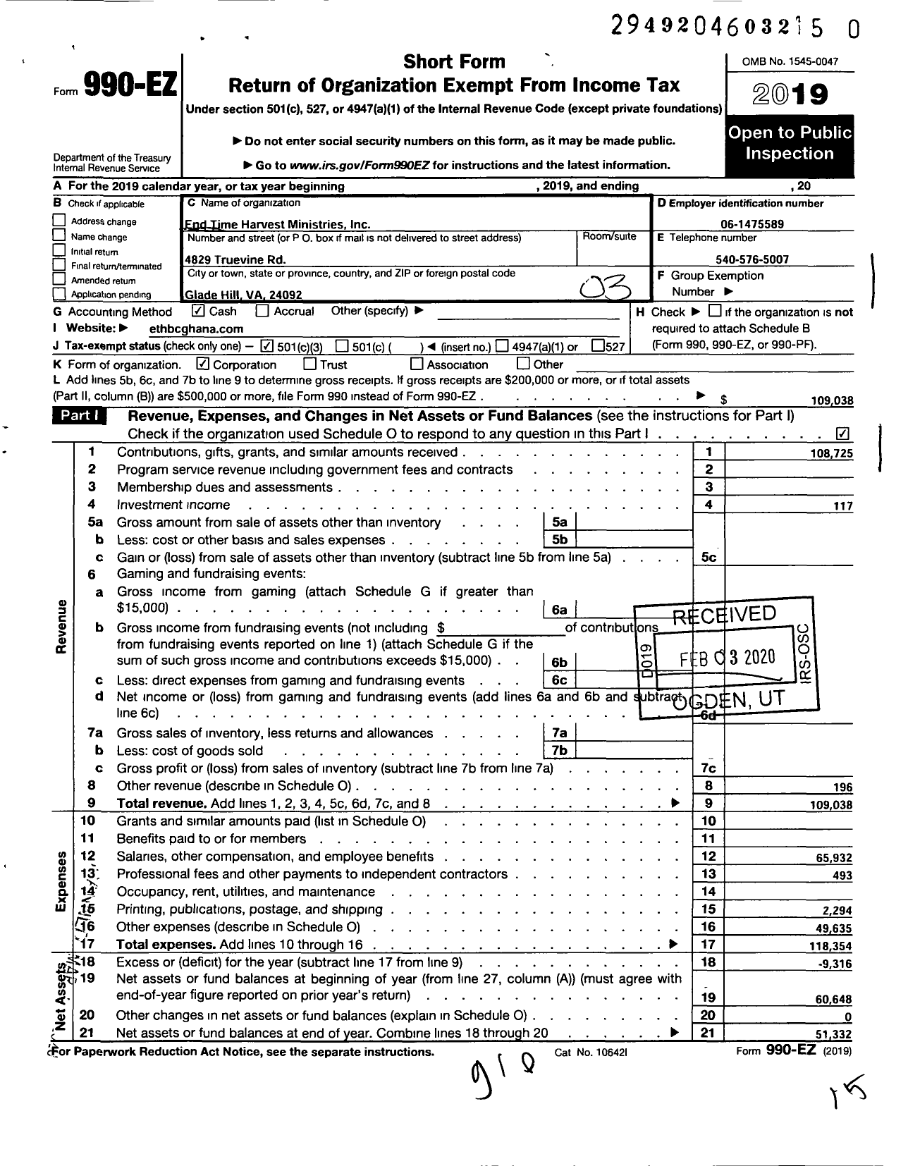 Image of first page of 2019 Form 990EZ for End Time Harvest Ministries