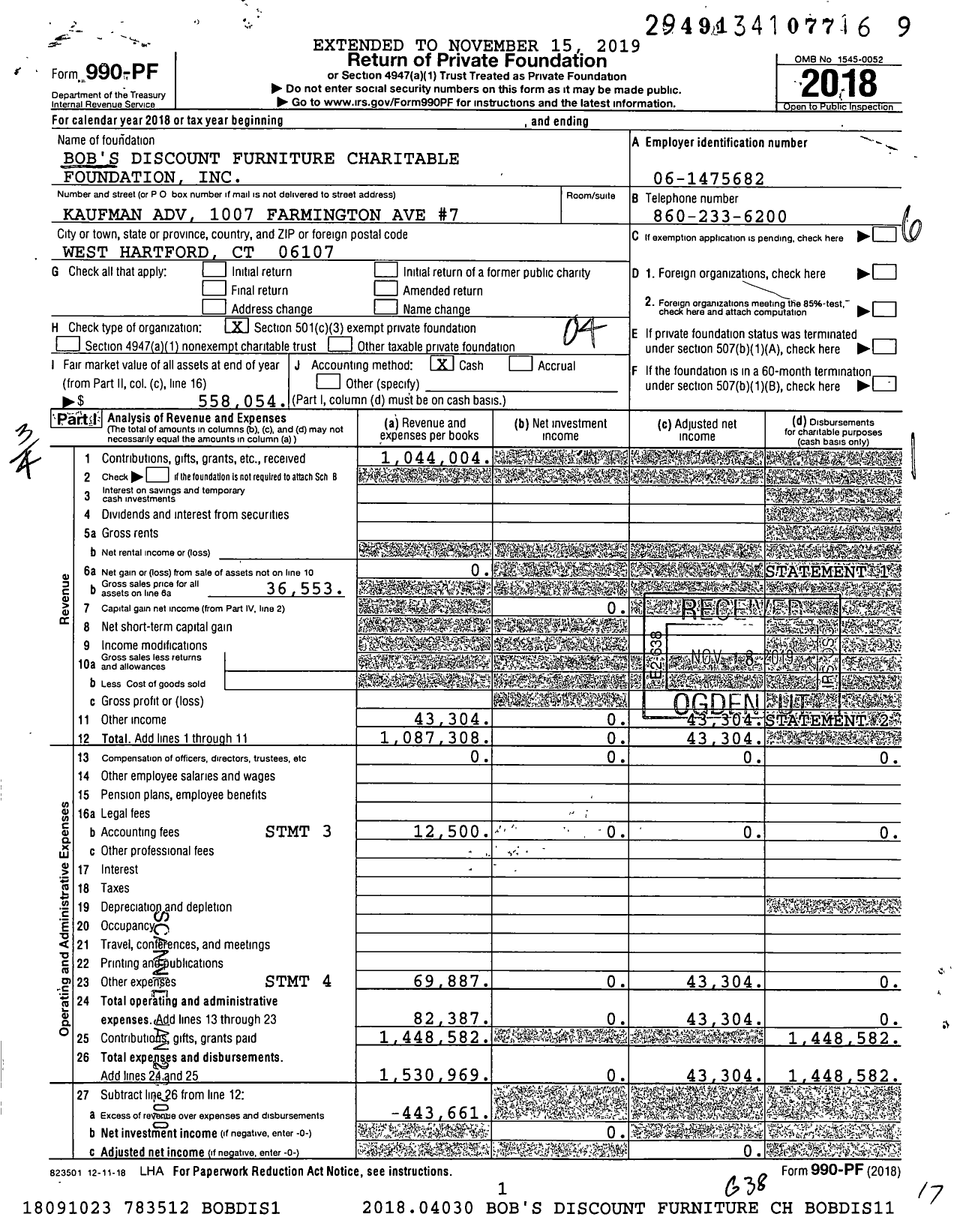Image of first page of 2018 Form 990PF for Bob's Discount Furniture Charitable Foundation