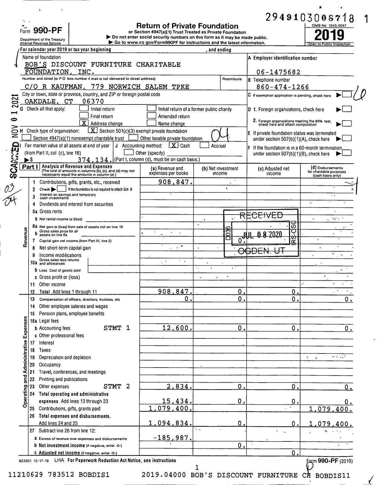 Image of first page of 2019 Form 990PF for Bob's Discount Furniture Charitable Foundation