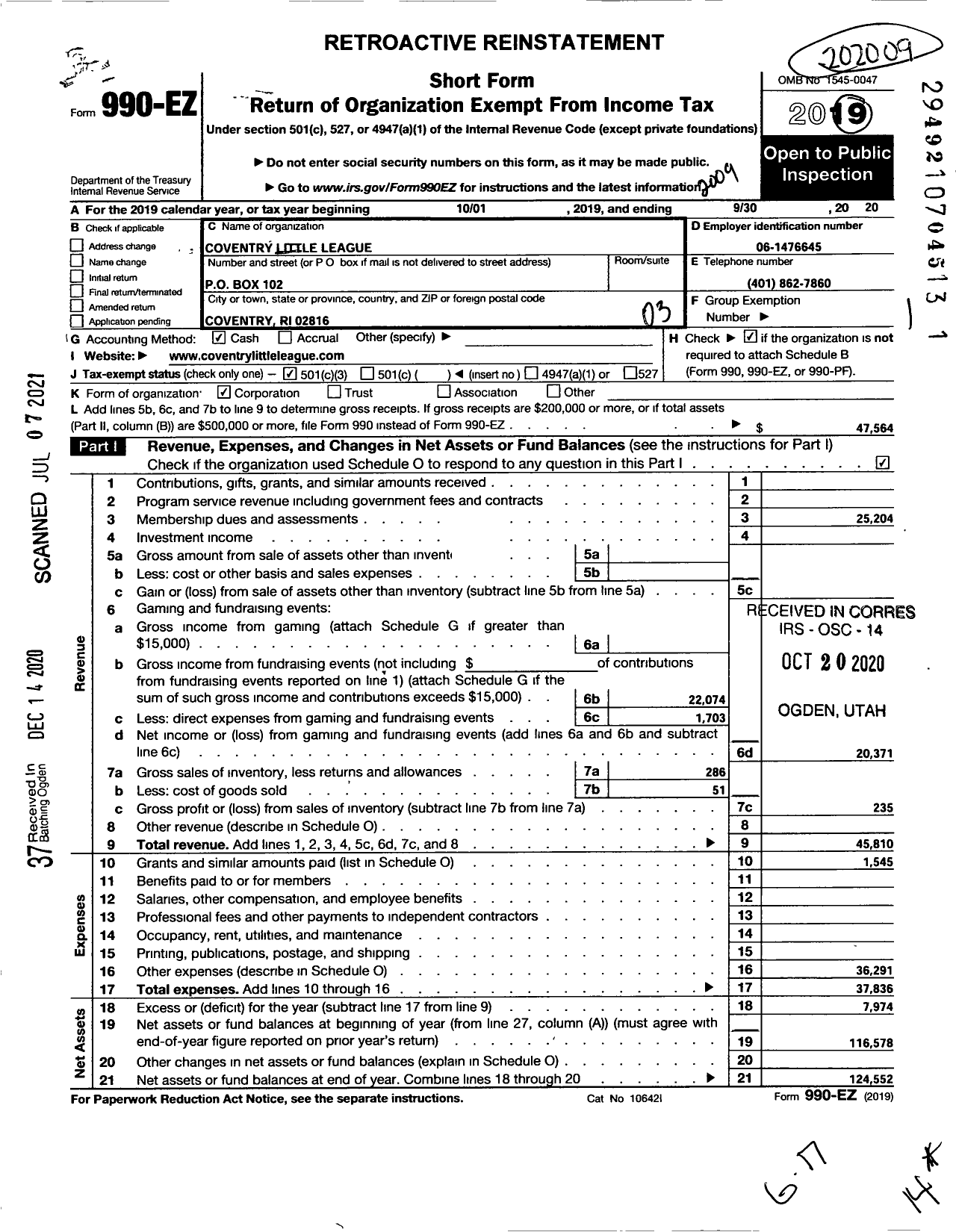 Image of first page of 2019 Form 990EZ for Coventry Little League