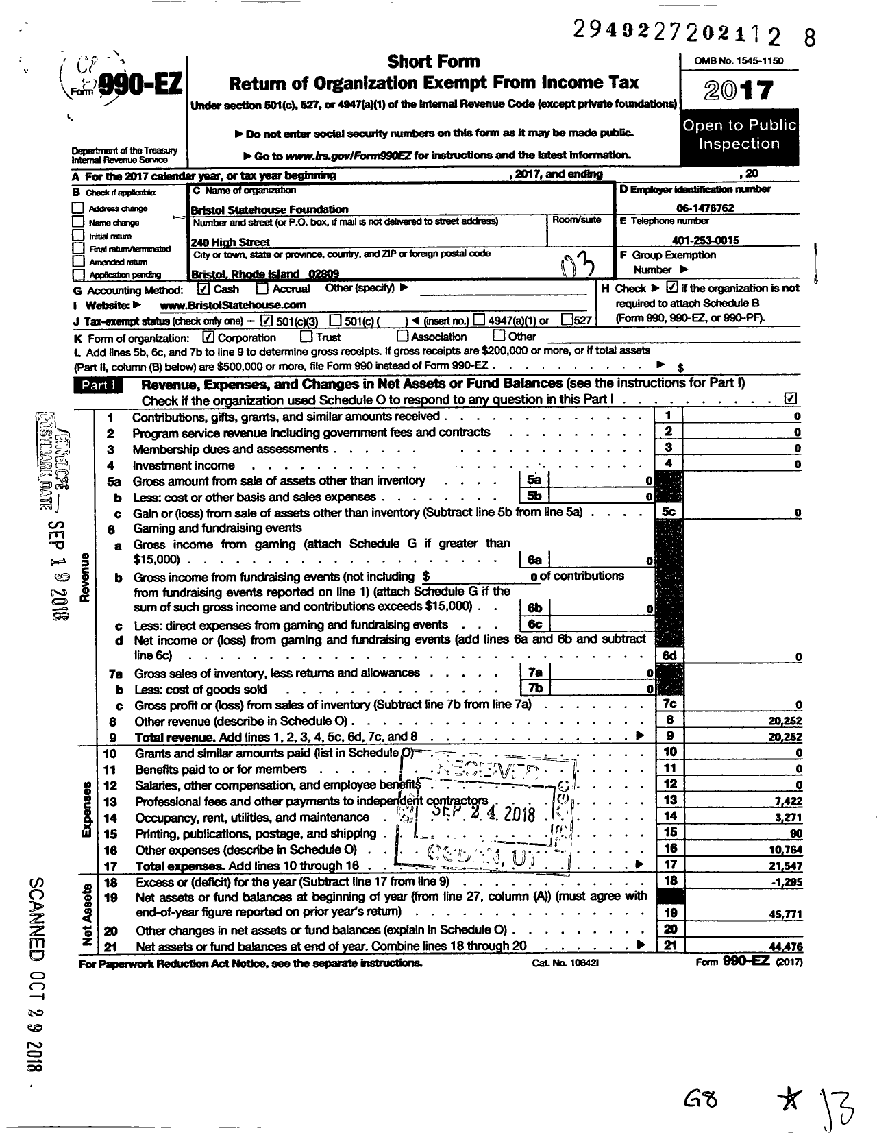 Image of first page of 2017 Form 990EZ for Bristol Statehouse House Foundation