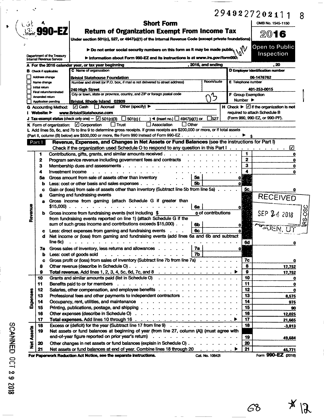 Image of first page of 2016 Form 990EZ for Bristol Statehouse House Foundation