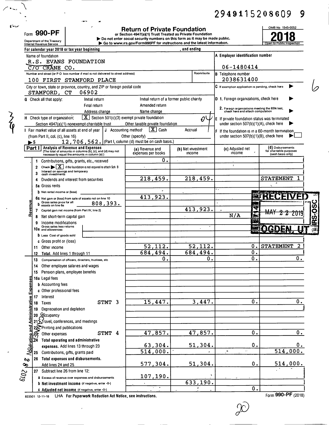 Image of first page of 2018 Form 990PF for RS Evans Foundation