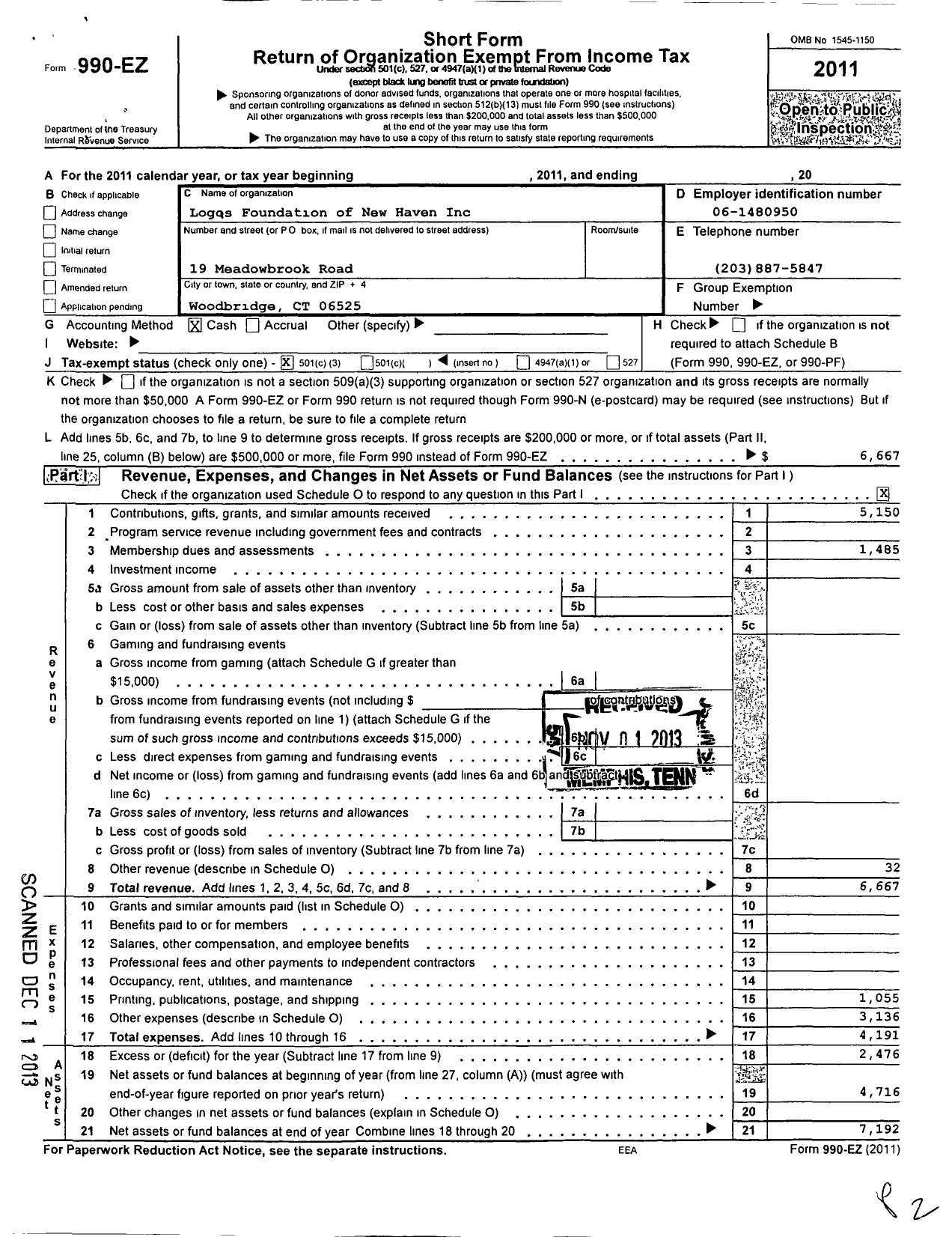 Image of first page of 2011 Form 990EZ for Logas Foundation of New Haven