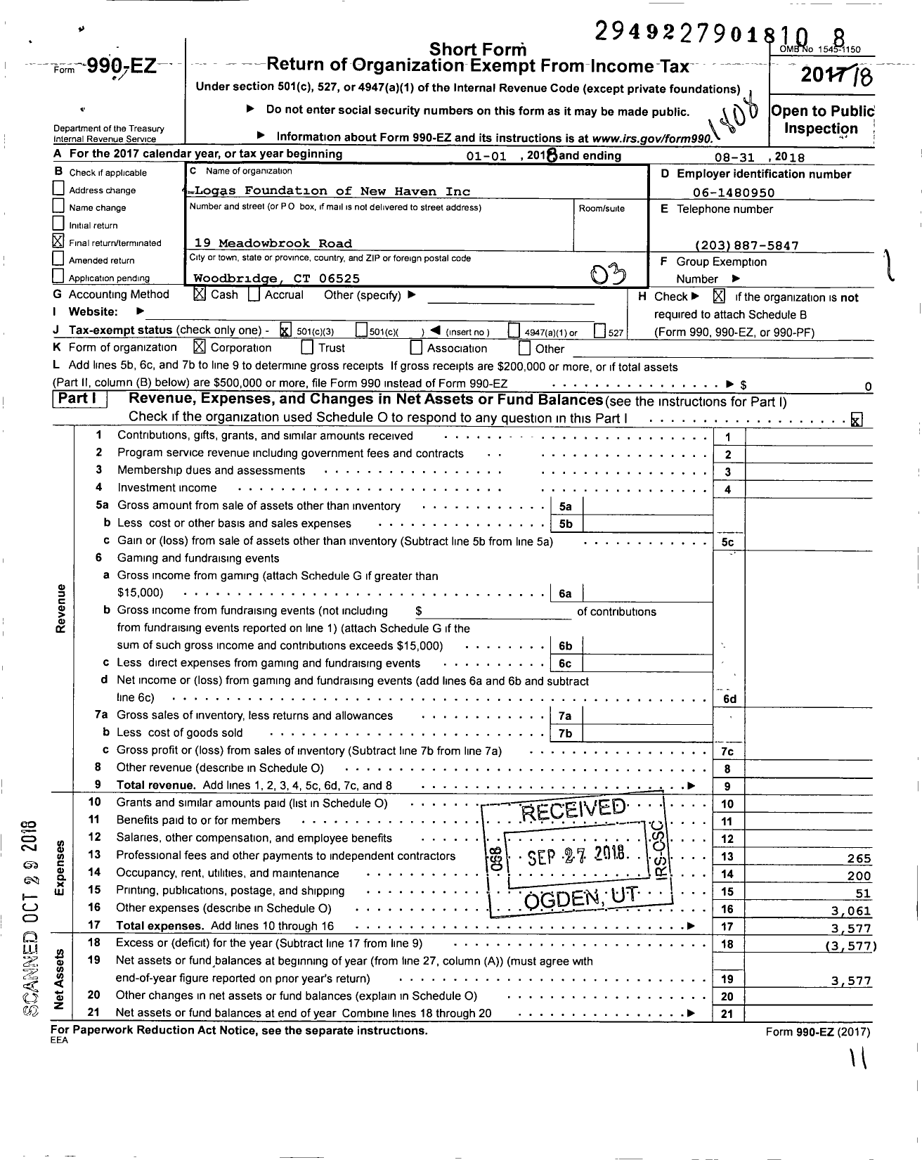 Image of first page of 2017 Form 990EZ for Logas Foundation of New Haven